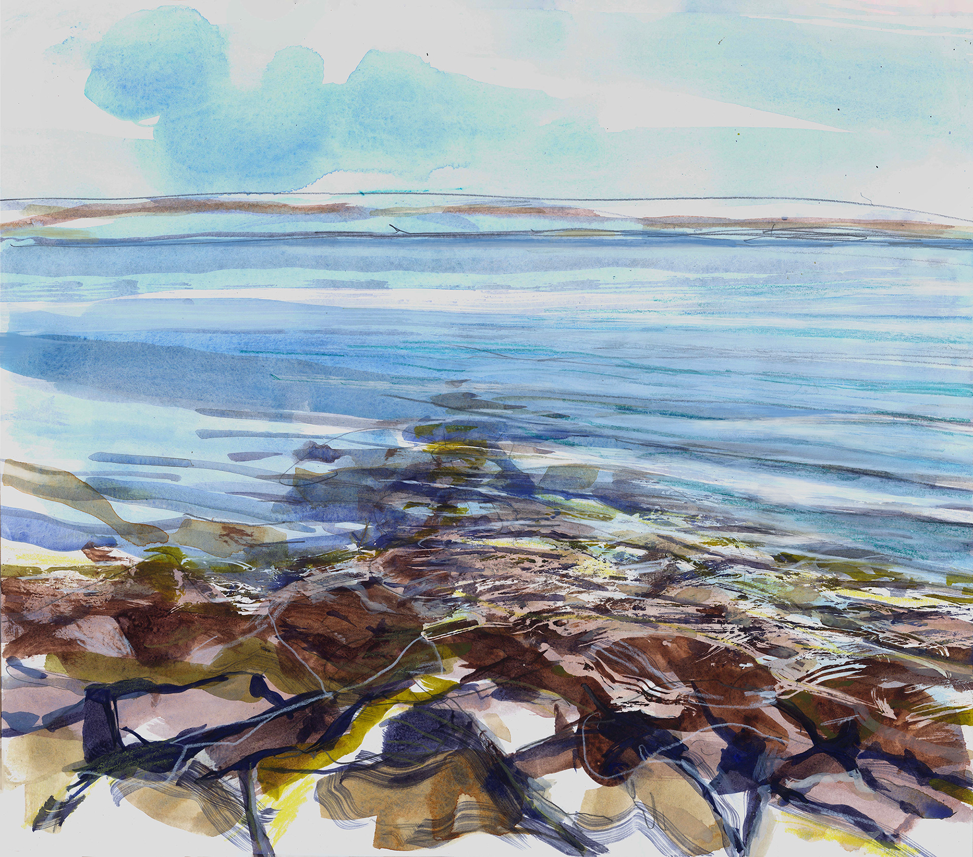 Mixed media painting of stones at the edge of a wide estuary on a sunny day