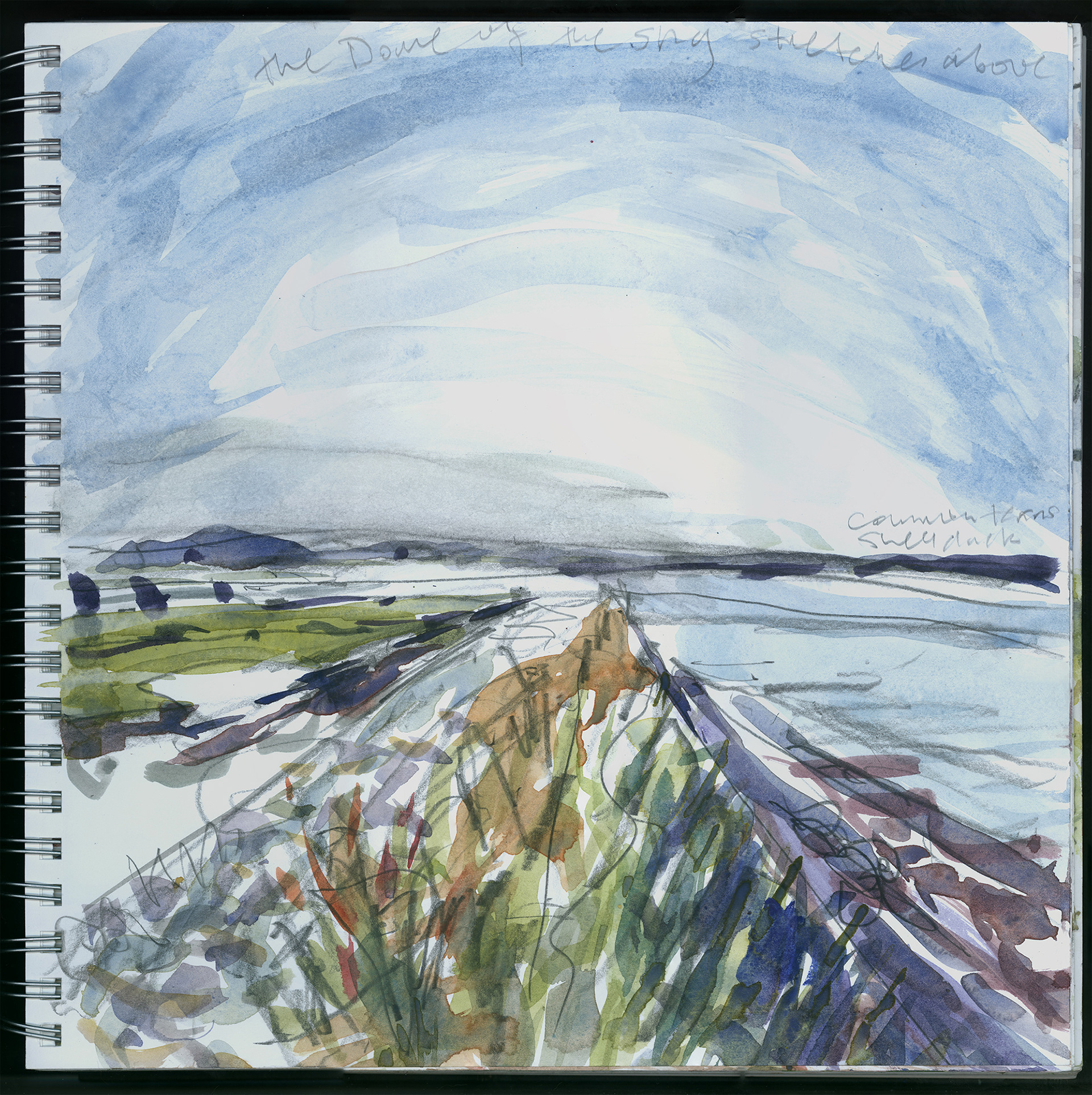 Watercolour study looking along a straight river wall under a dome of blue sky