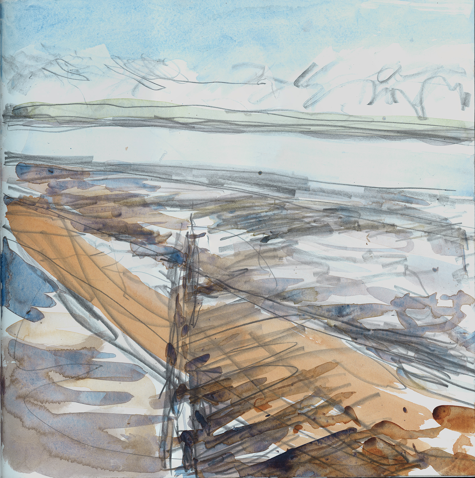 Rapidly painted watercolour sketch of a breakwater at low tide with low sunshine creating shadows