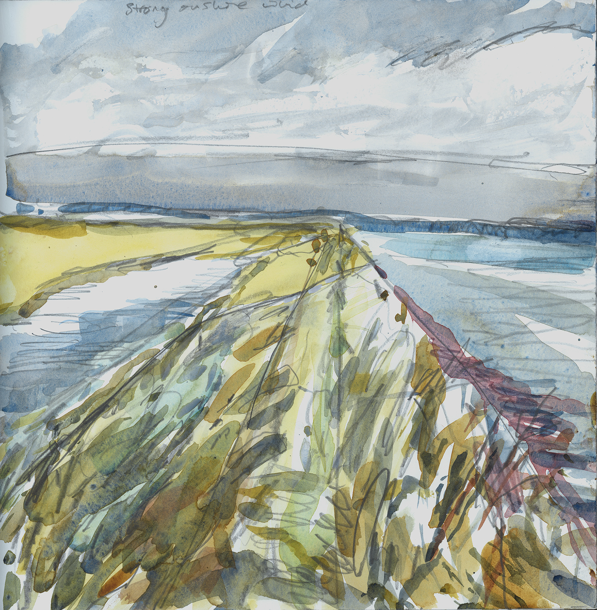 watercolour sketch of river wall under stormy skies lit by brief sunshine