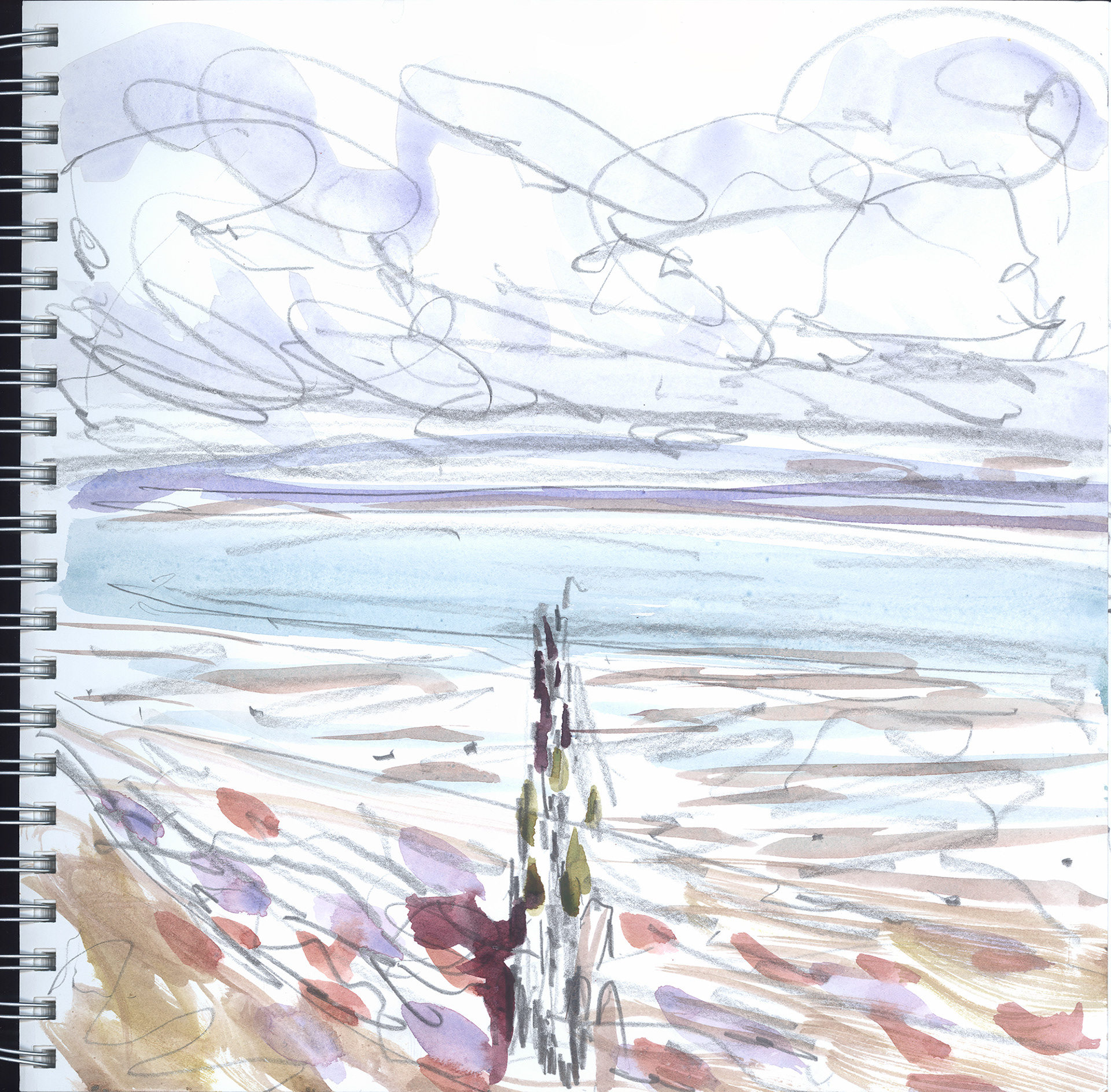 A rapid watercolour and pencil sketch of a breakwater and sandy foreshore at low tide