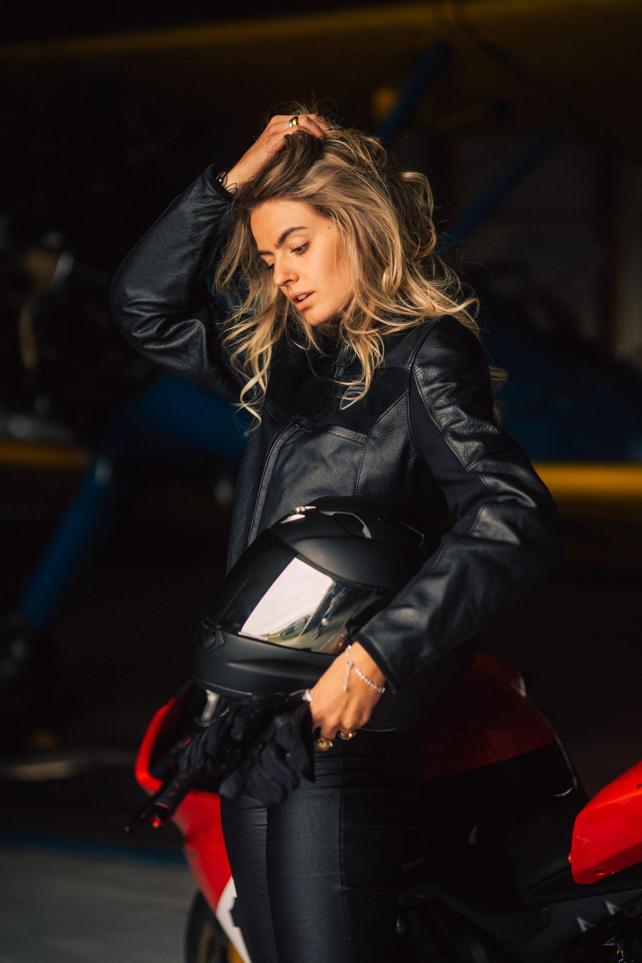 Nadine Wimmer X Ducati Panigale V4 in front of Boeing Stearman at Jesenwang Airfield