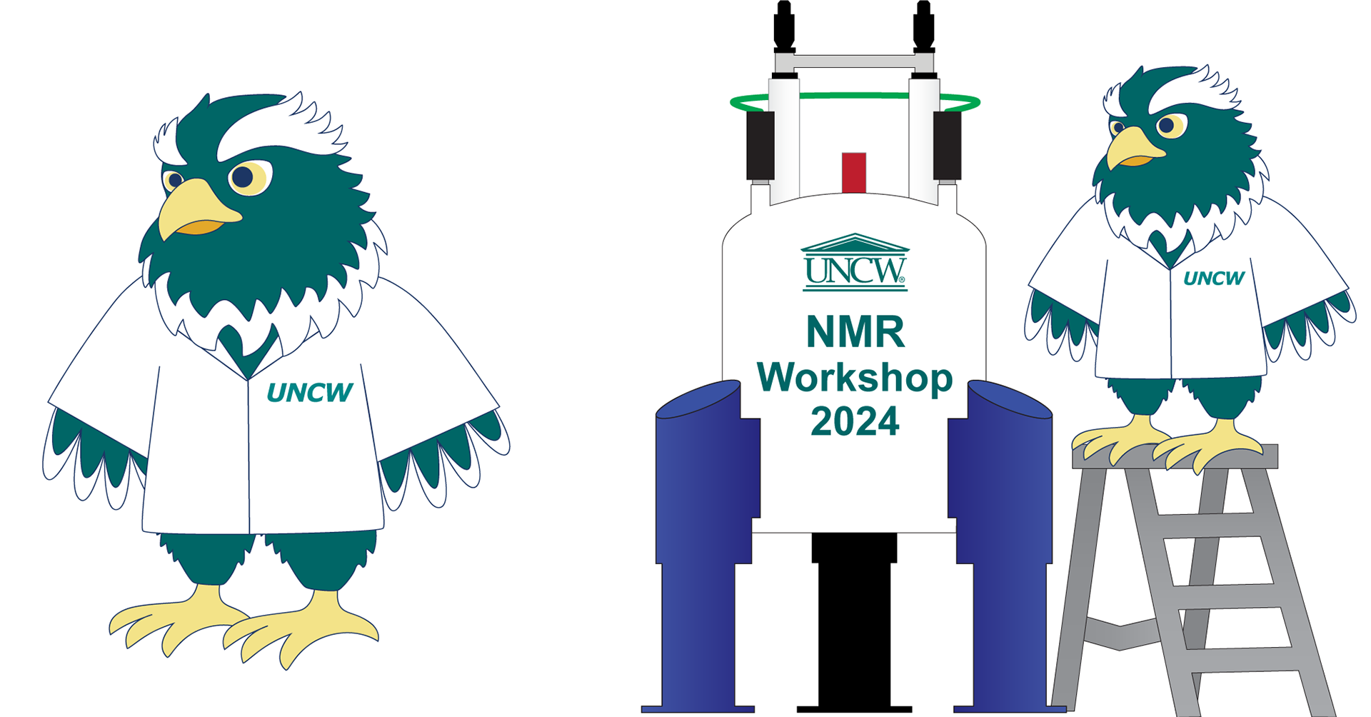 Teal seahawk mascot illustrated in a cute labcoat using NMR magnet for UNCW workshop 2024