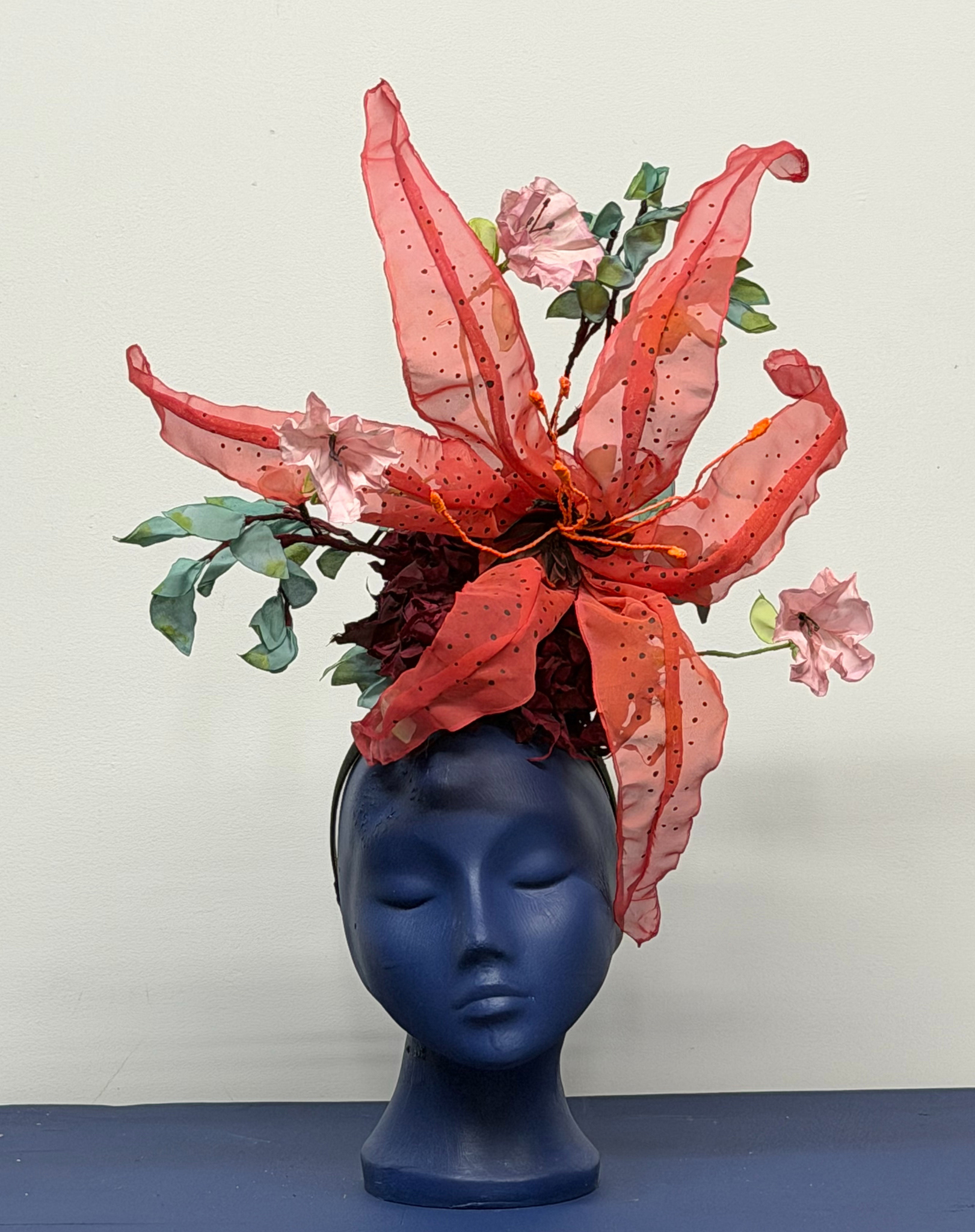 Linda Mullen Aunt Edna’s Tea Headpiece, Fabric, Paint, Wire Glue, 24” diameter