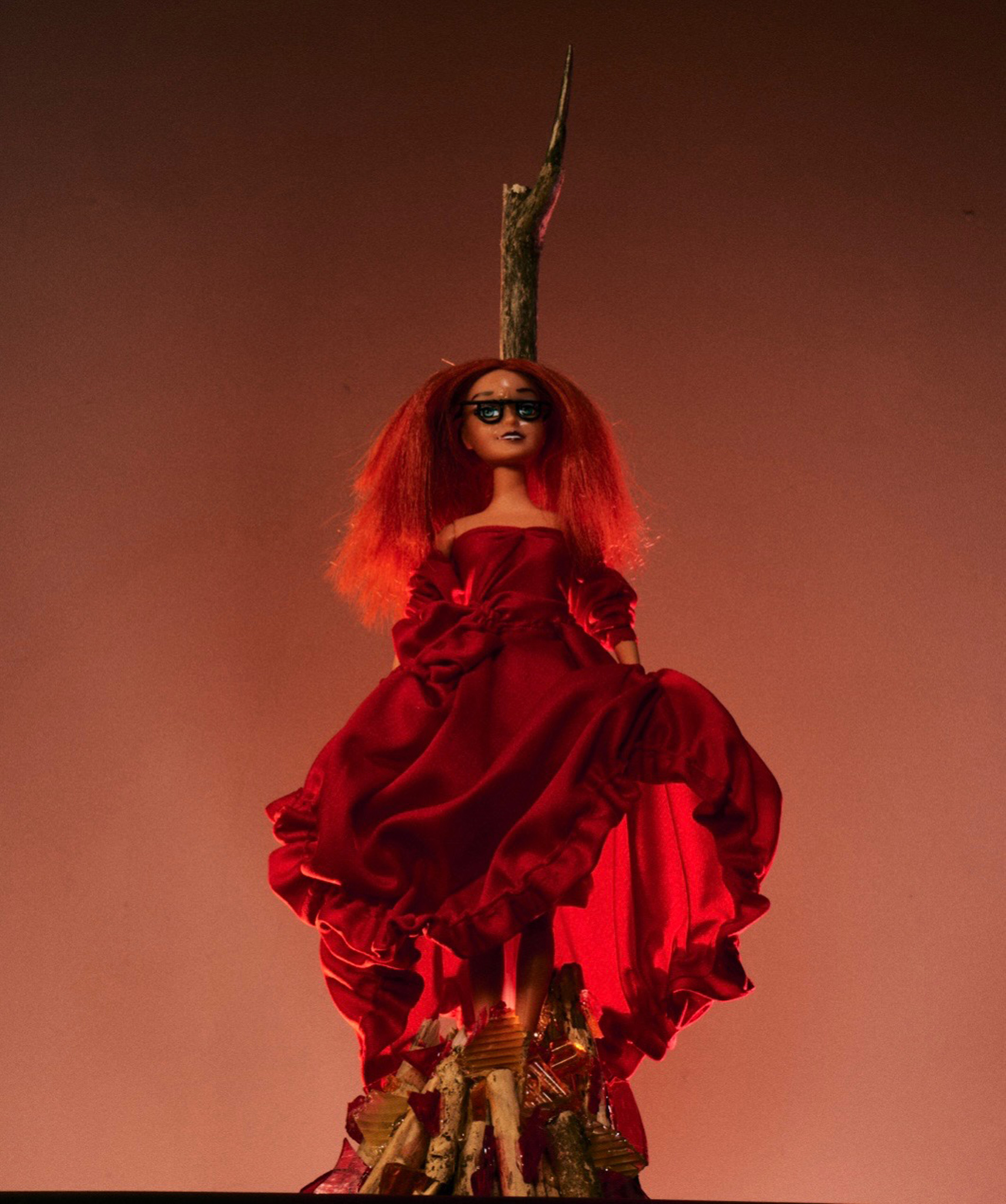 Chad Harris AHS Myrtle Snow Barbie “Second Time at the Stake” Barbie Doll, Custom Couture, Photographic Archival Pigment Print on Luster Paper, 16x20 inches
