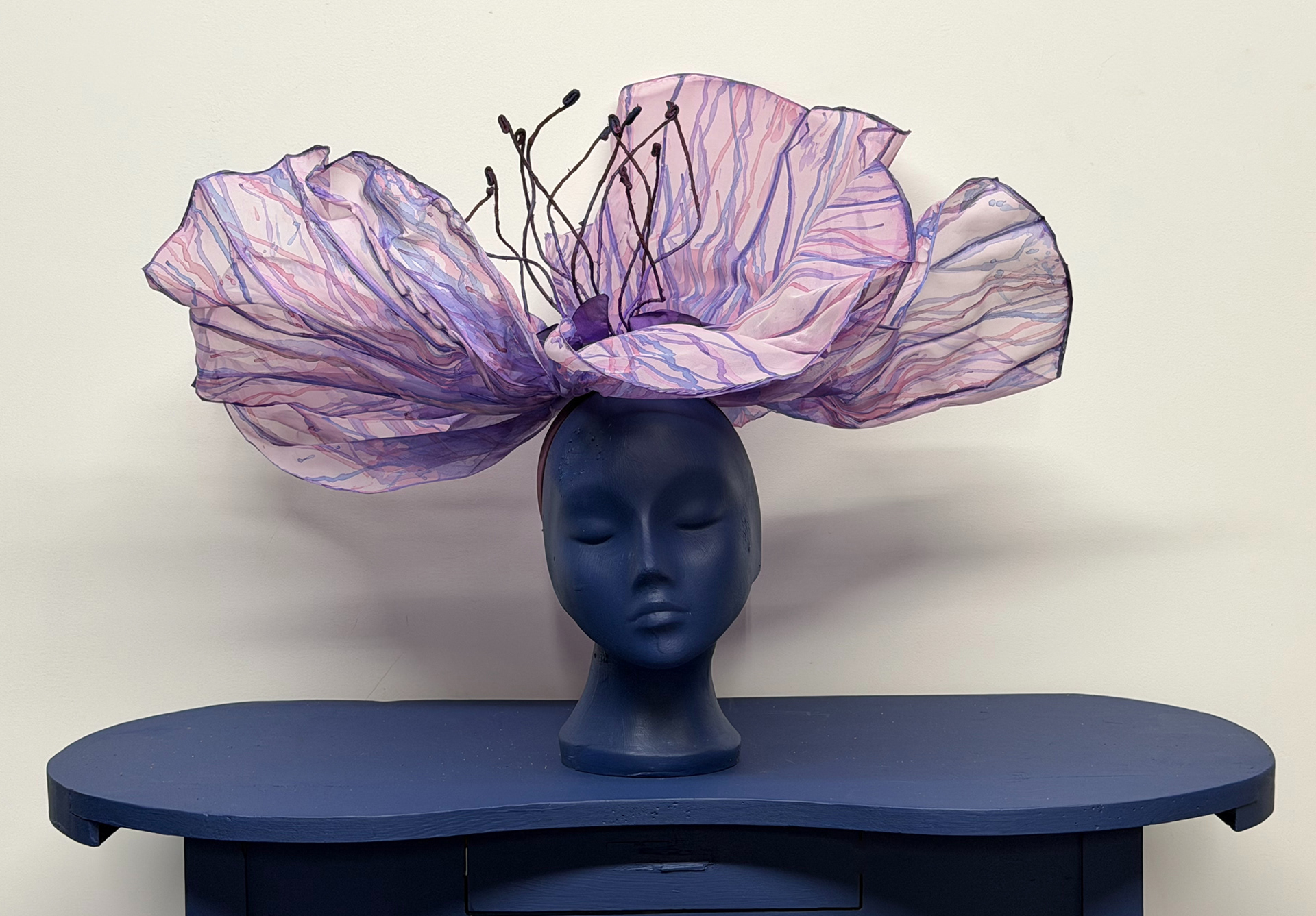 Linda Mullen Marjorie Has Been in the Garden Drunk Again Headpiece, Fabric, Paint, Wire Glue, 18x18 inches