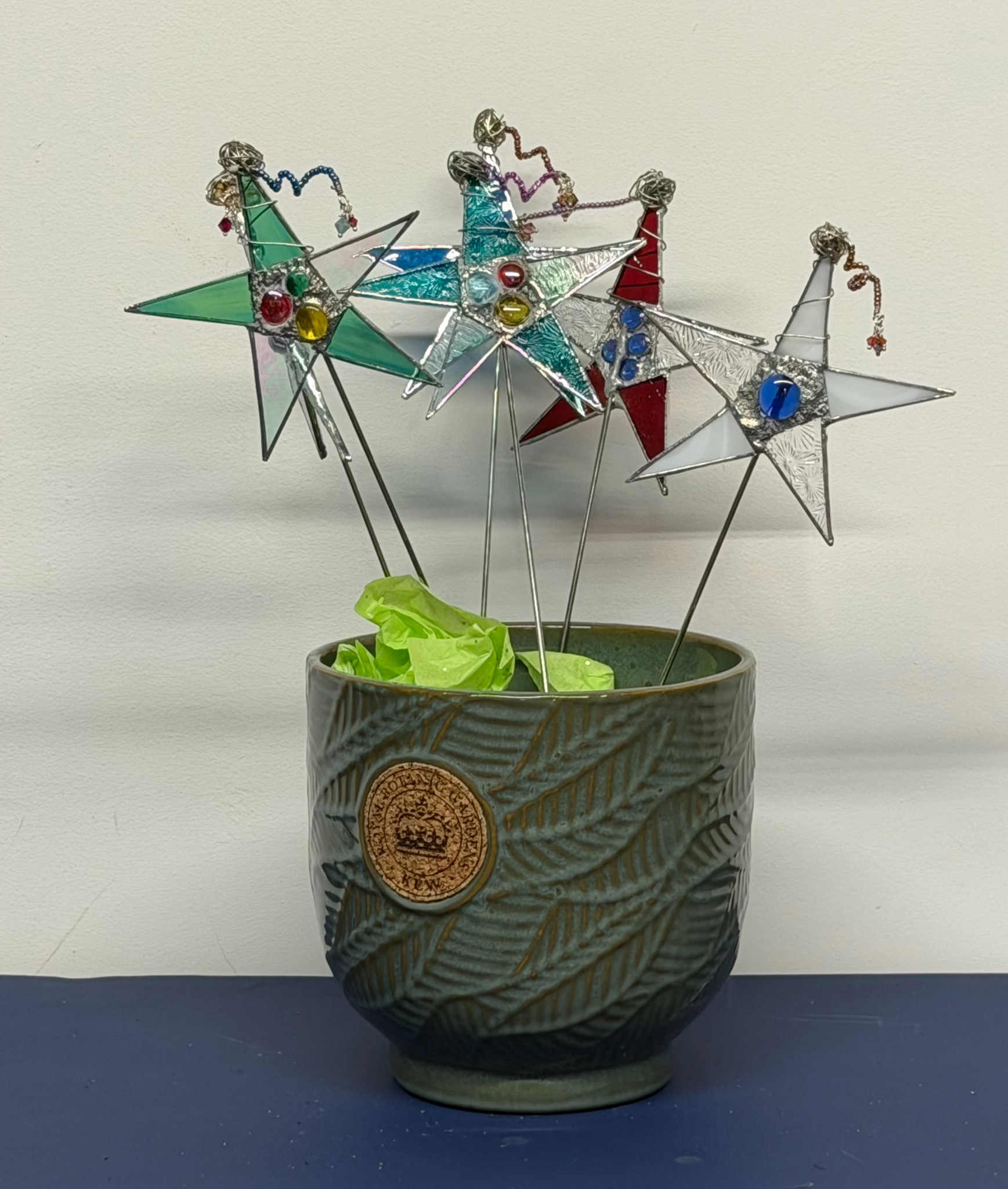Carol Cross Wishing Star Plant Stakes Three-dimensional Stained Glass, 18 inches tall