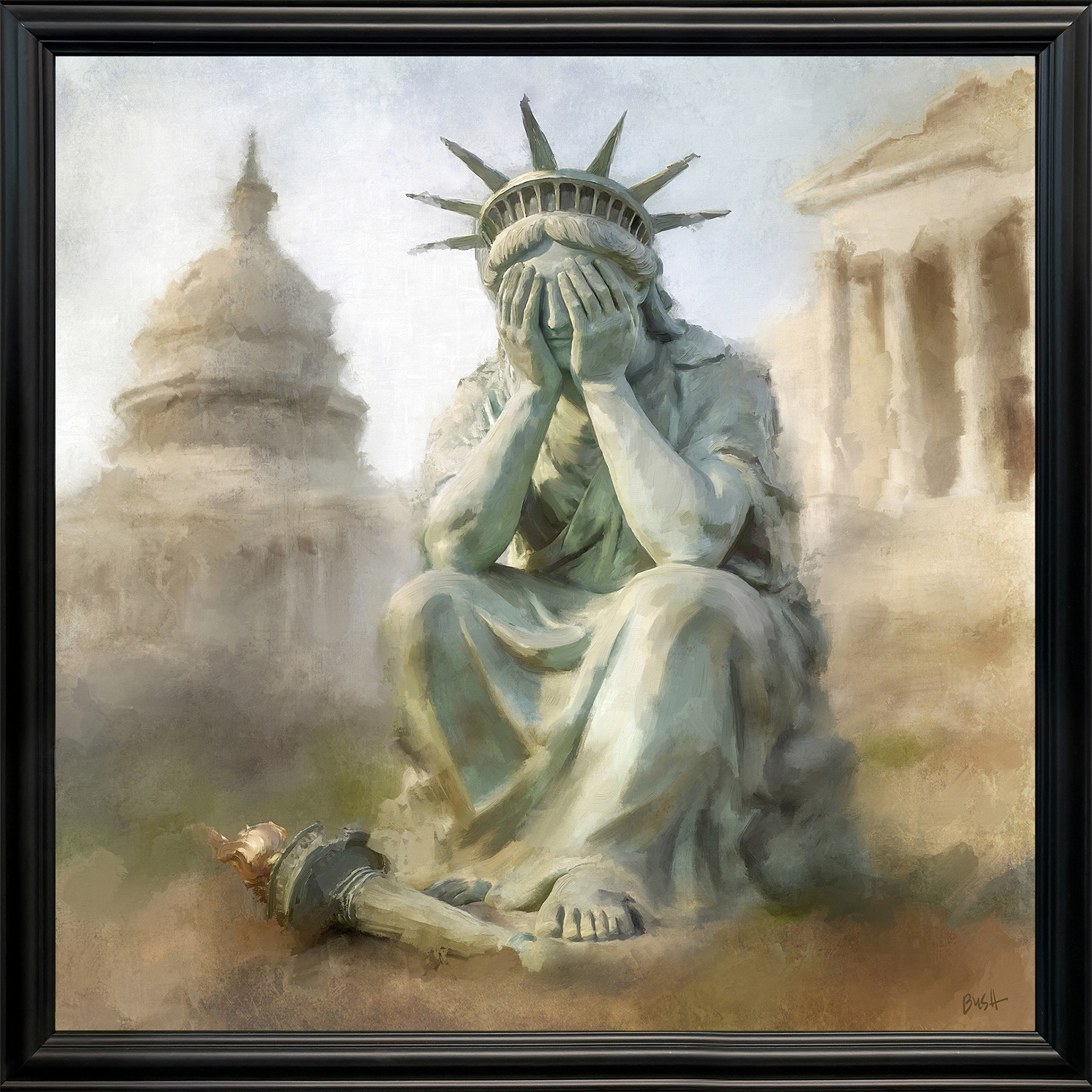 Bobbie Bush Holding Liberty Mixed Media Digital Painting with Cold Wax, 24x24 inches
