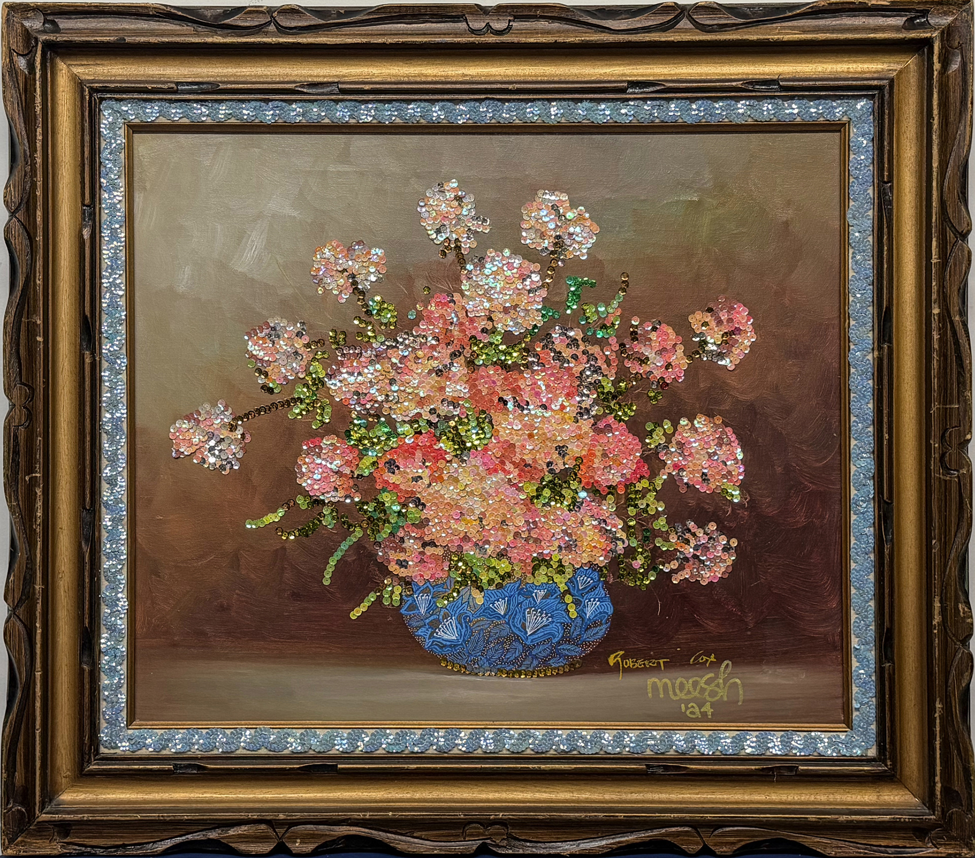 Michelle Dumas Pink Floral Sequins on Board, 32x28 inches