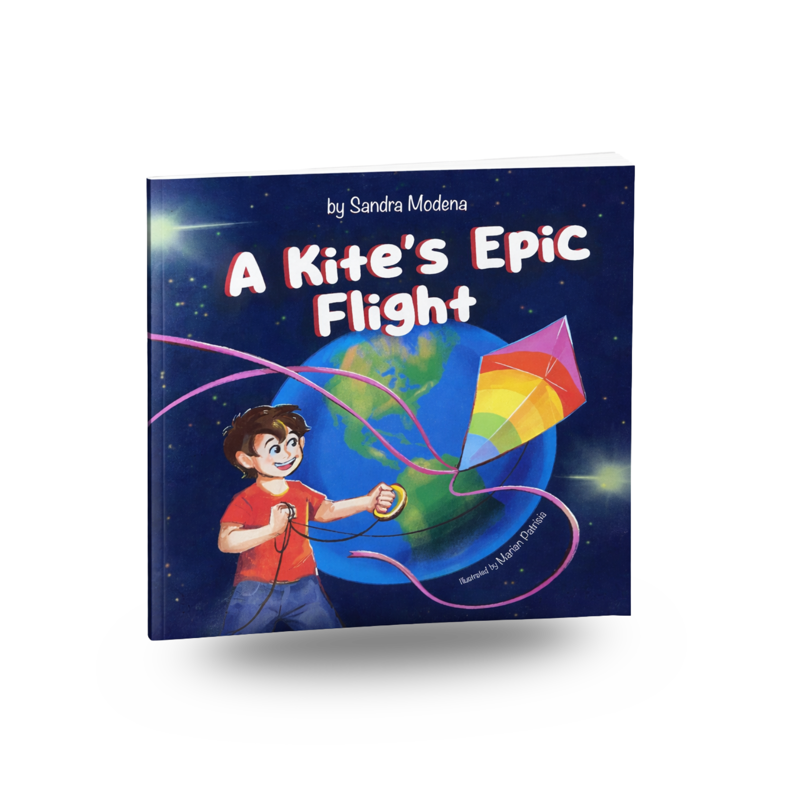 children's book cover of a boy flying a kite around the globe