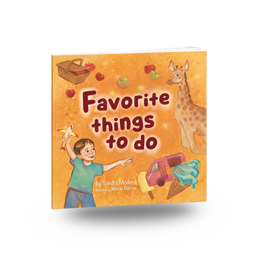 children's cover of a boy with a toy plane, a giraffe, and ice cream truck