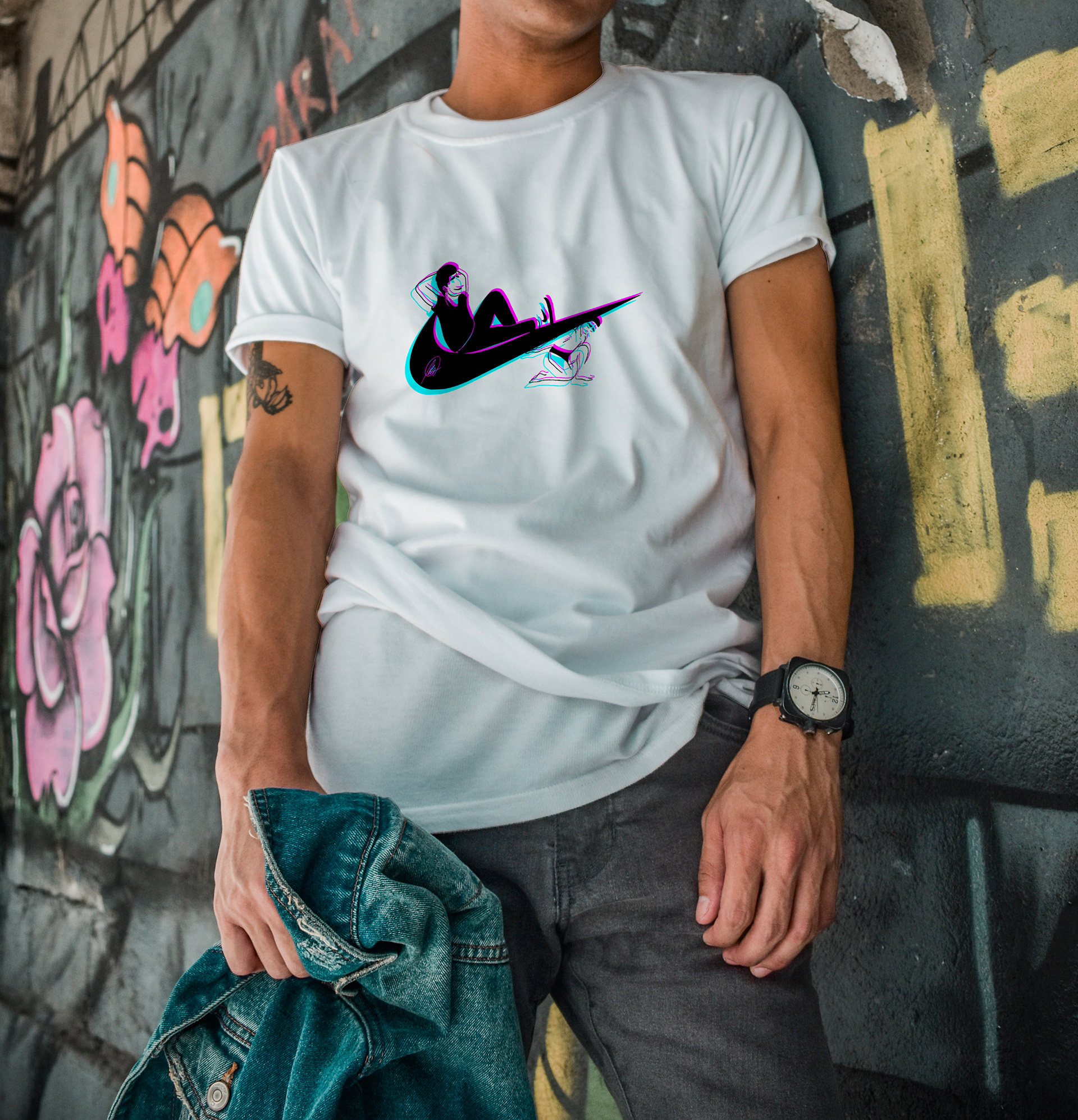 Mockup of the graphic on a white shirt