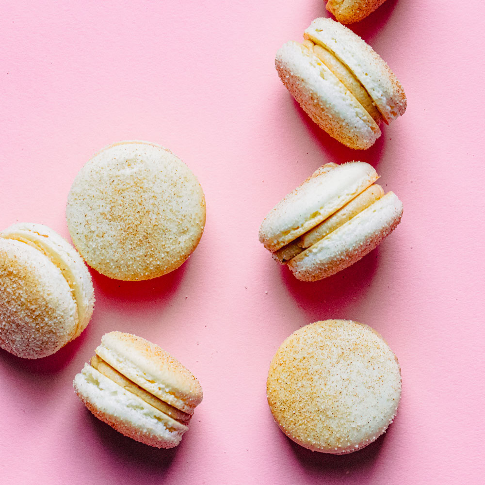 Snickerdoodle Macarons: Cinnamon Shells with Cinnamon Buttercream topped with Cinnamon Sugar