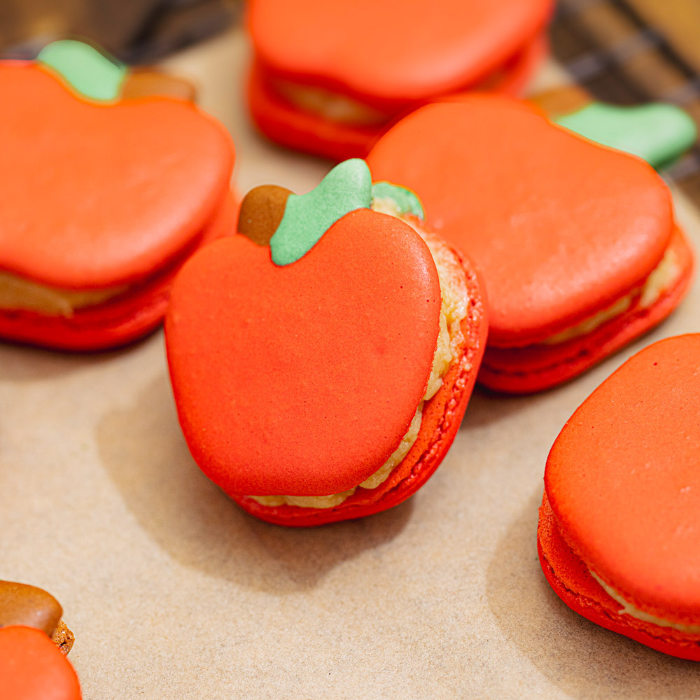 Caramel Apple Macarons: Apple-Shaped Almond Shells, Brown Sugar & Cinnamon Apple Pie Filling with Salted Caramel Buttercream