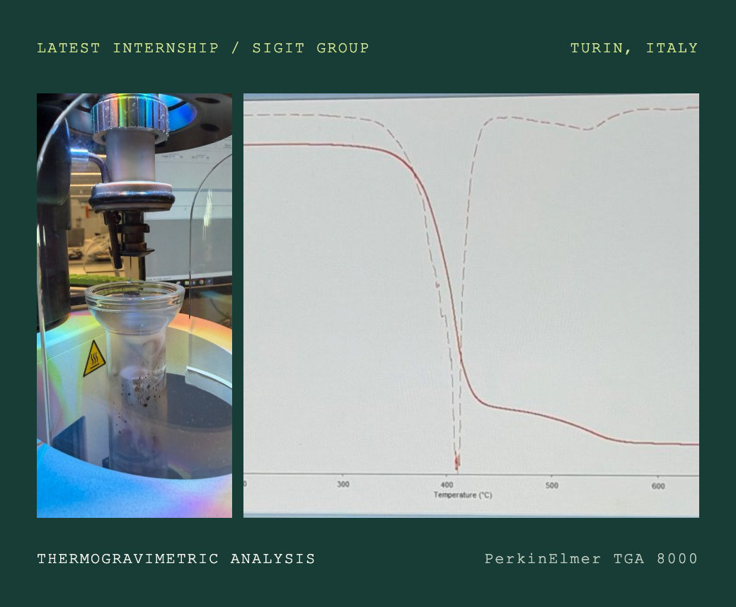 Latest internship. The PerkinElmer TGA 8000 thermogravimetric analyzer and a mass-loss curve from the ISC Lab at SIGIT Group, Turin, Italy