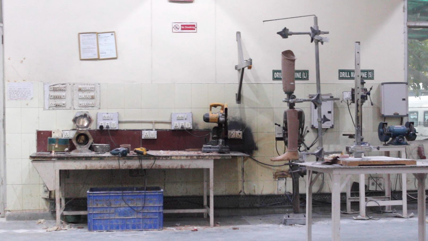 A Jaipur Foot workstation manufacturing prosthetics.