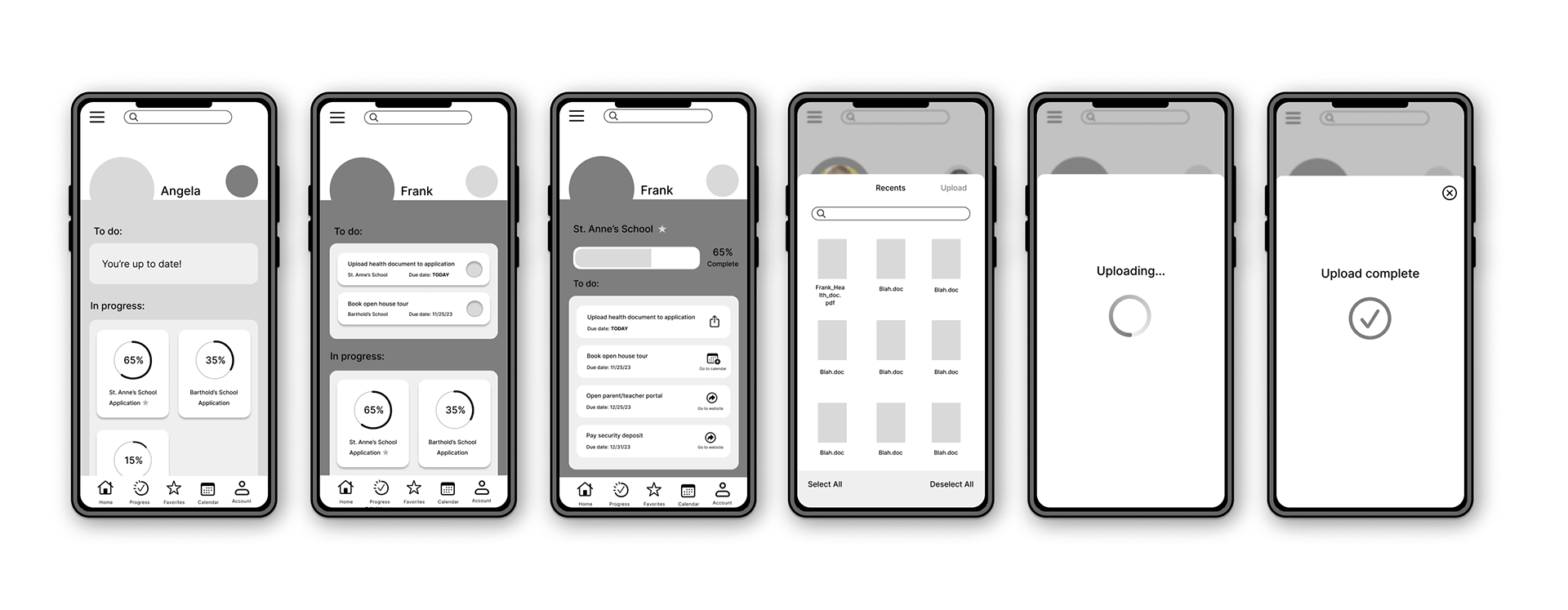 6 phone screens showing user task