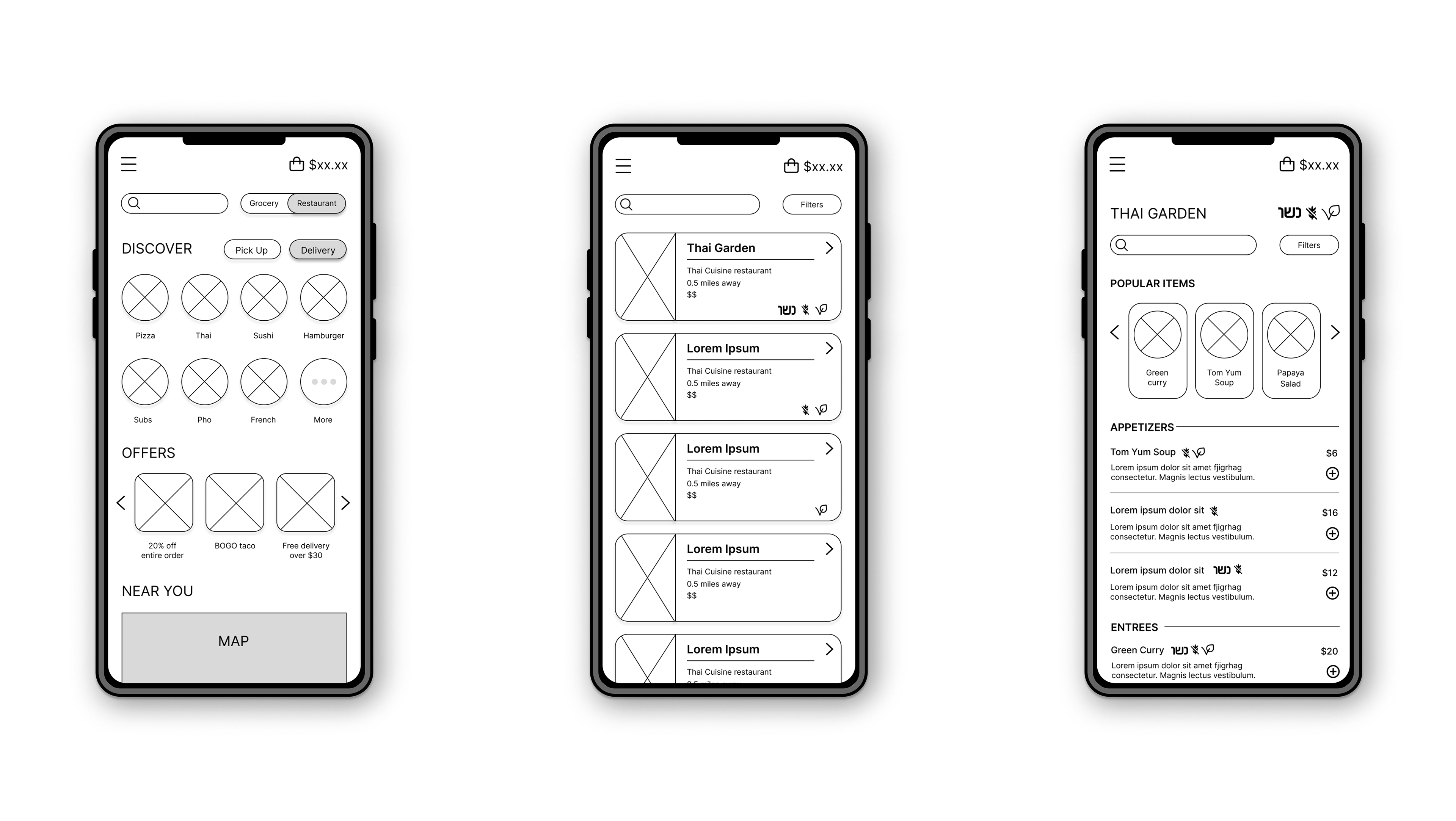 restaurant ordering mid-fid wireframes