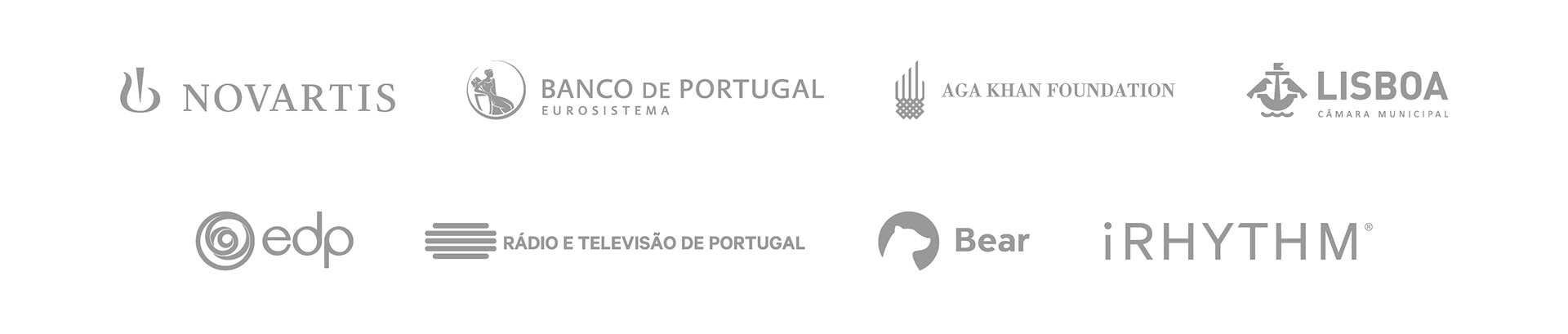 Logos of selected clients: Novartis, Banco de Portugal, Aga Khan Foundation, Câmara Municipal de Lisboa, EDP, Rádio e Televisão de Portugal, Bear, iRhythm.