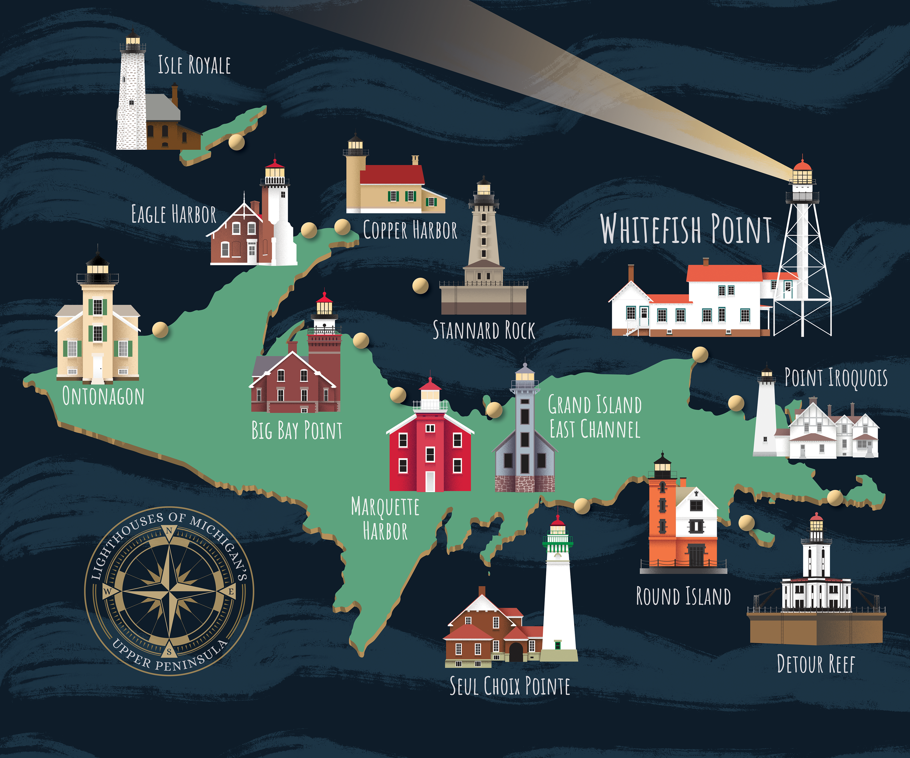 Final Design: a new design direction was requested and executed. Now the lighthouses have been illustrated and they overlap with the UP silhouette.