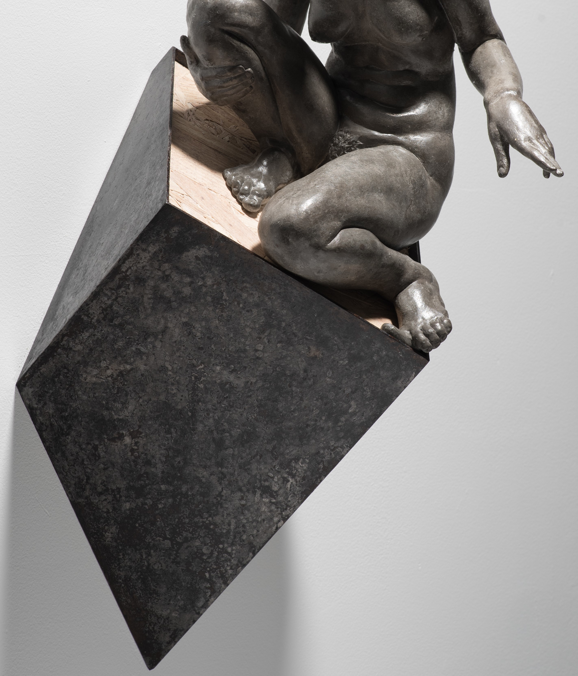 Patinated Corten steel, OSB plywood and concrete wall hung sculpture