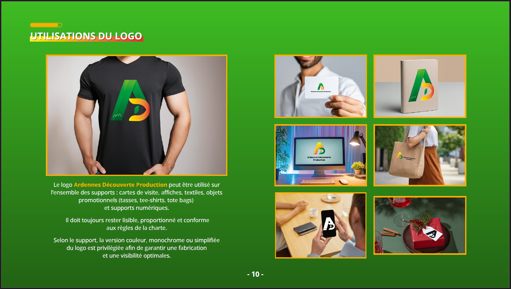 Aperçu de quelques pages de la charte graphique réalisée dans le cadre de la refonte de l'identité visuelle de l'association Ardennes Découverte Production (2026)