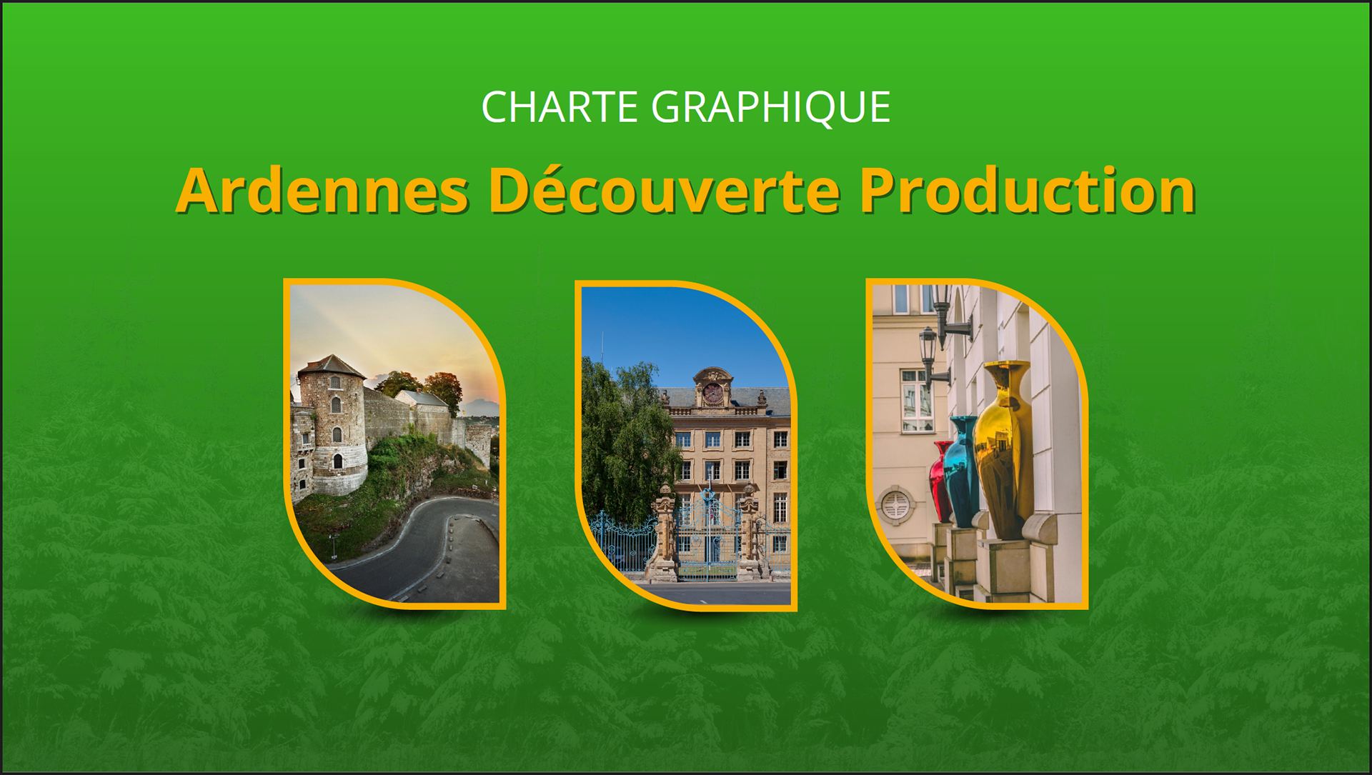 Aperçu de quelques pages de la charte graphique réalisée dans le cadre de la refonte de l'identité visuelle de l'association Ardennes Découverte Production (2026)