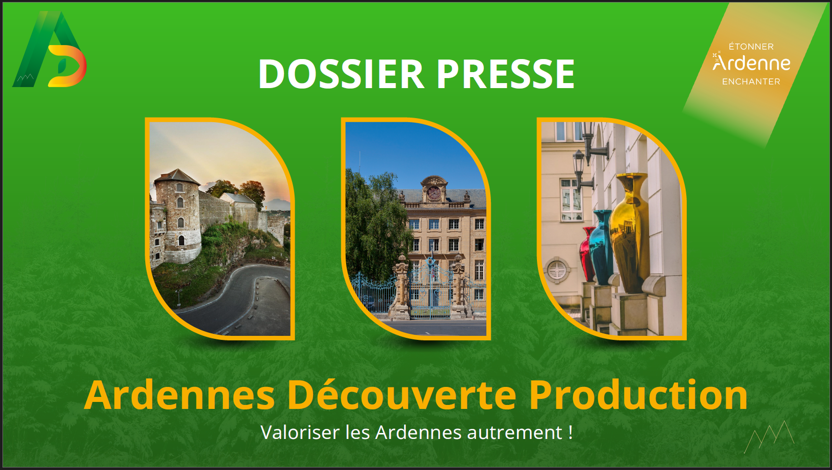 Aperçu de quelques pages du dossier presse de l'association Ardennes Découverte Production dans le cadre de la refonte de l'identité visuelle et du renouveau de l'associaition (2026)