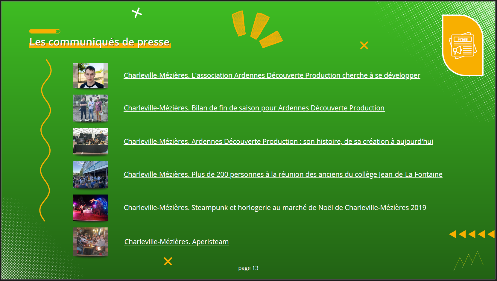 Aperçu de quelques pages du dossier presse de l'association Ardennes Découverte Production dans le cadre de la refonte de l'identité visuelle et du renouveau de l'associaition (2026)