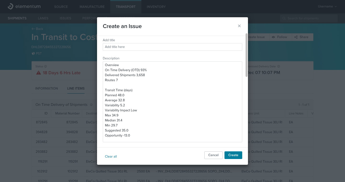 Create an issue modal for details page
