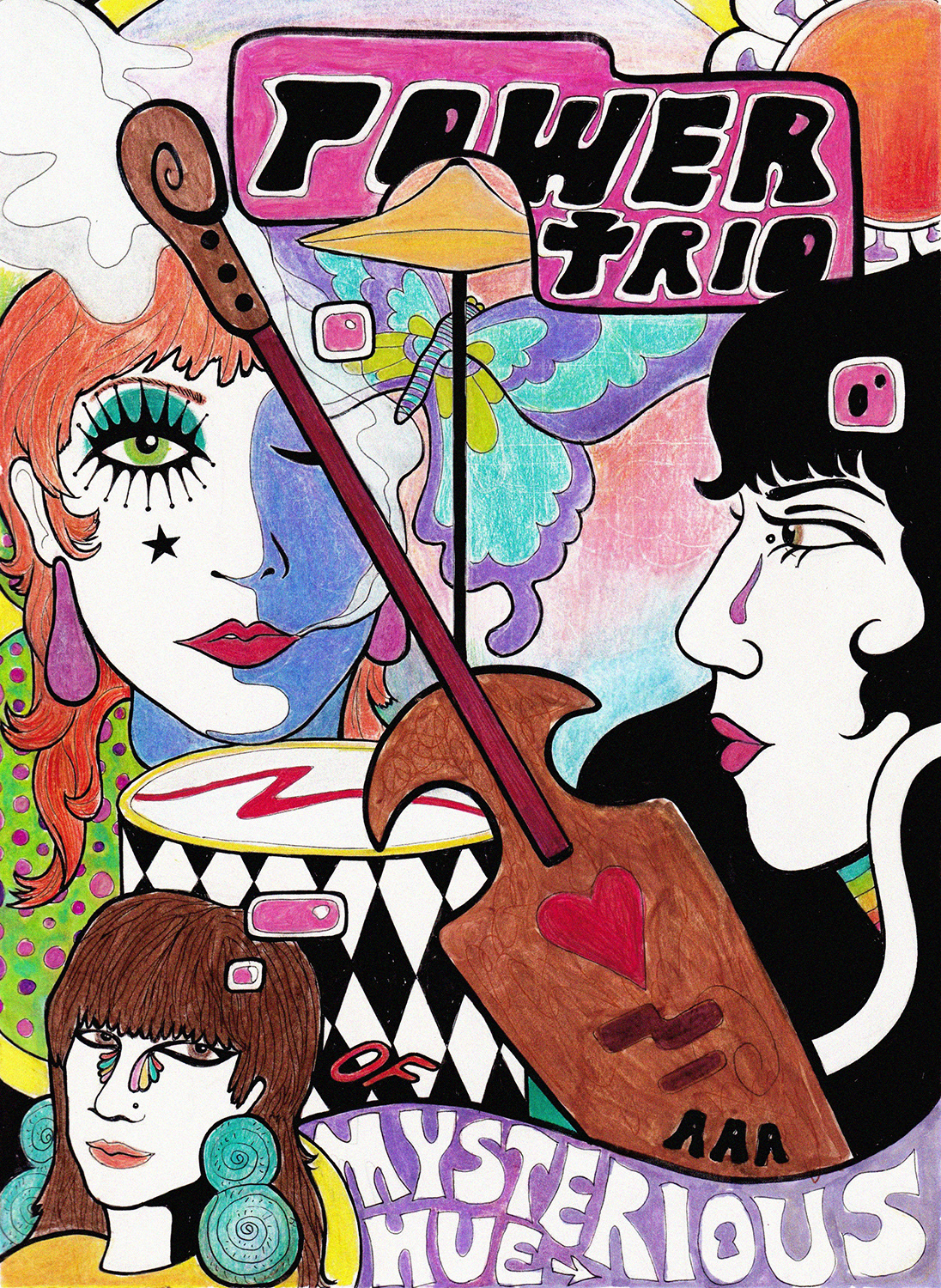 Power Trio of a Mysterious Hue, ink and colored pencil on paper, 9"x11", 2020. PROMPT #7: Power of 3 • Lucy Cahill's quarantine drawing club. Published in Maggot Brain 2020.