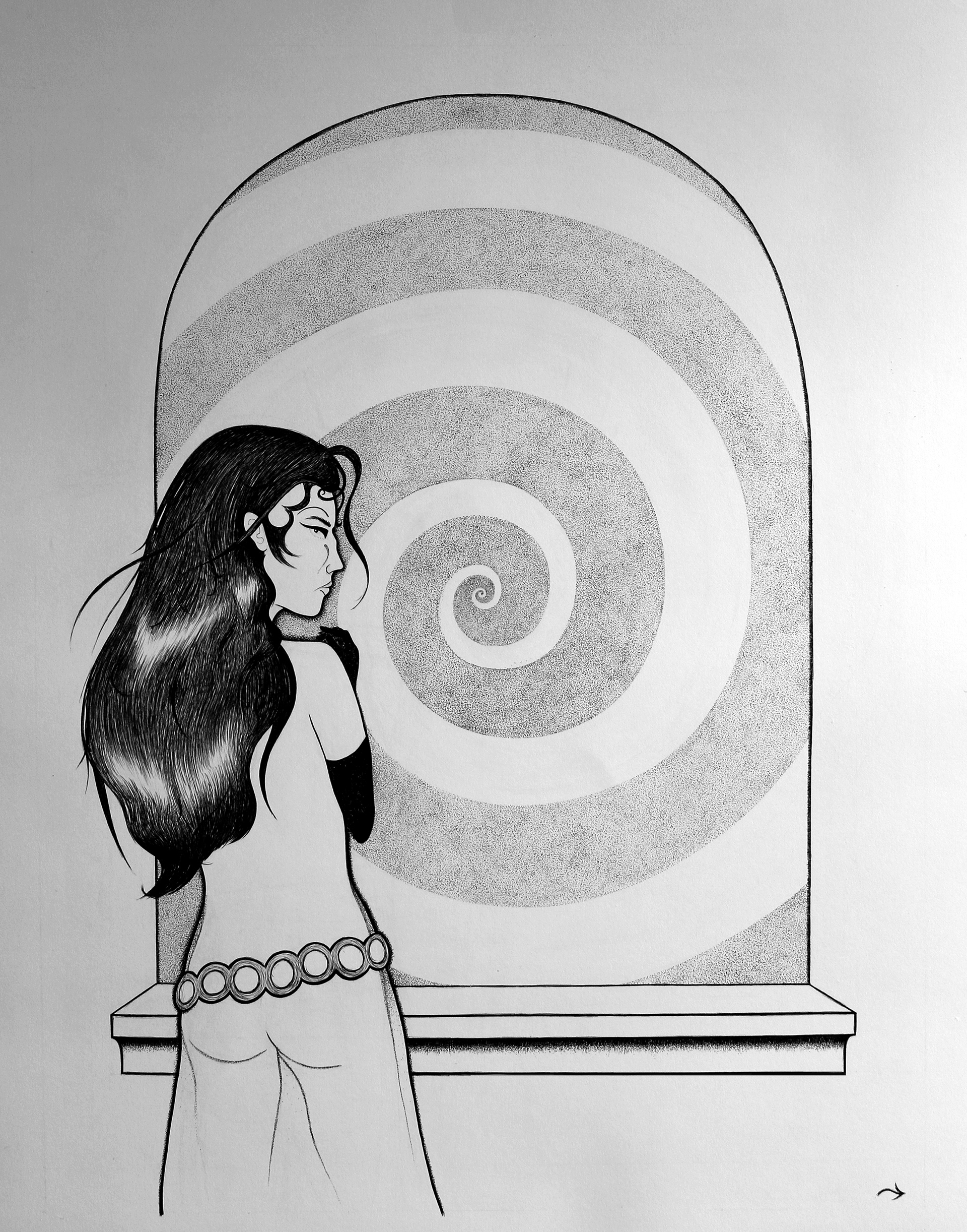 The Lady Rachel, pen and ink on Bristol, 13 x 29 inches, 2020.