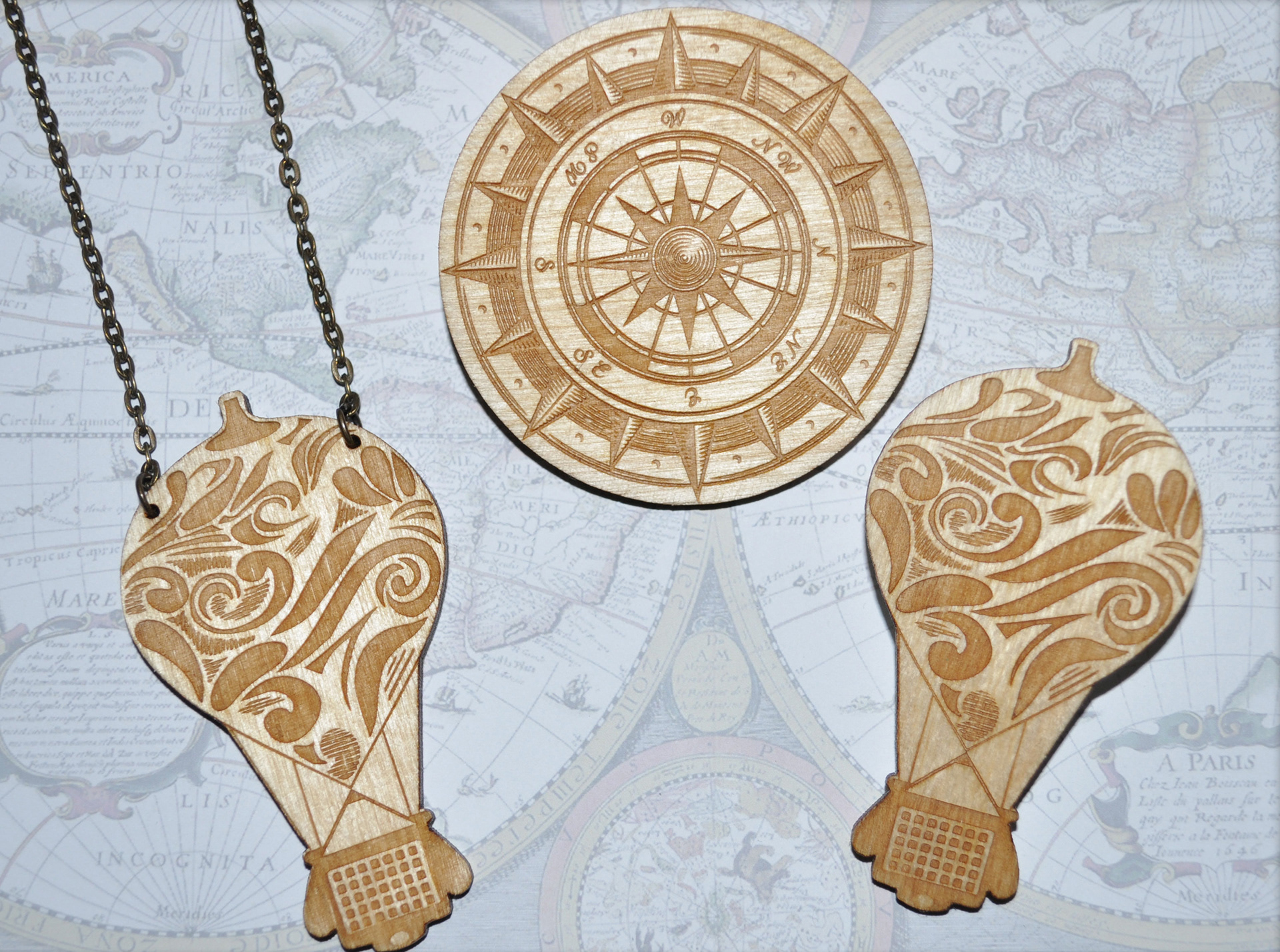 Balloon necklace\brooch £4.95     Compass brooch £4.95