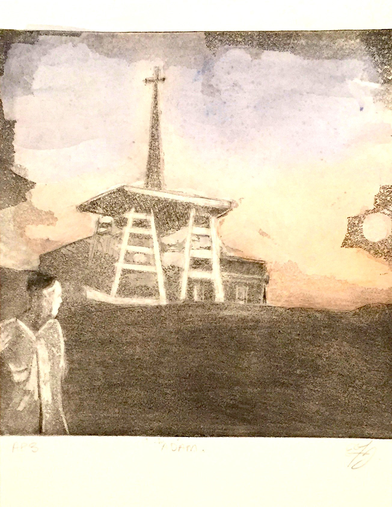 copper etching with watercolour