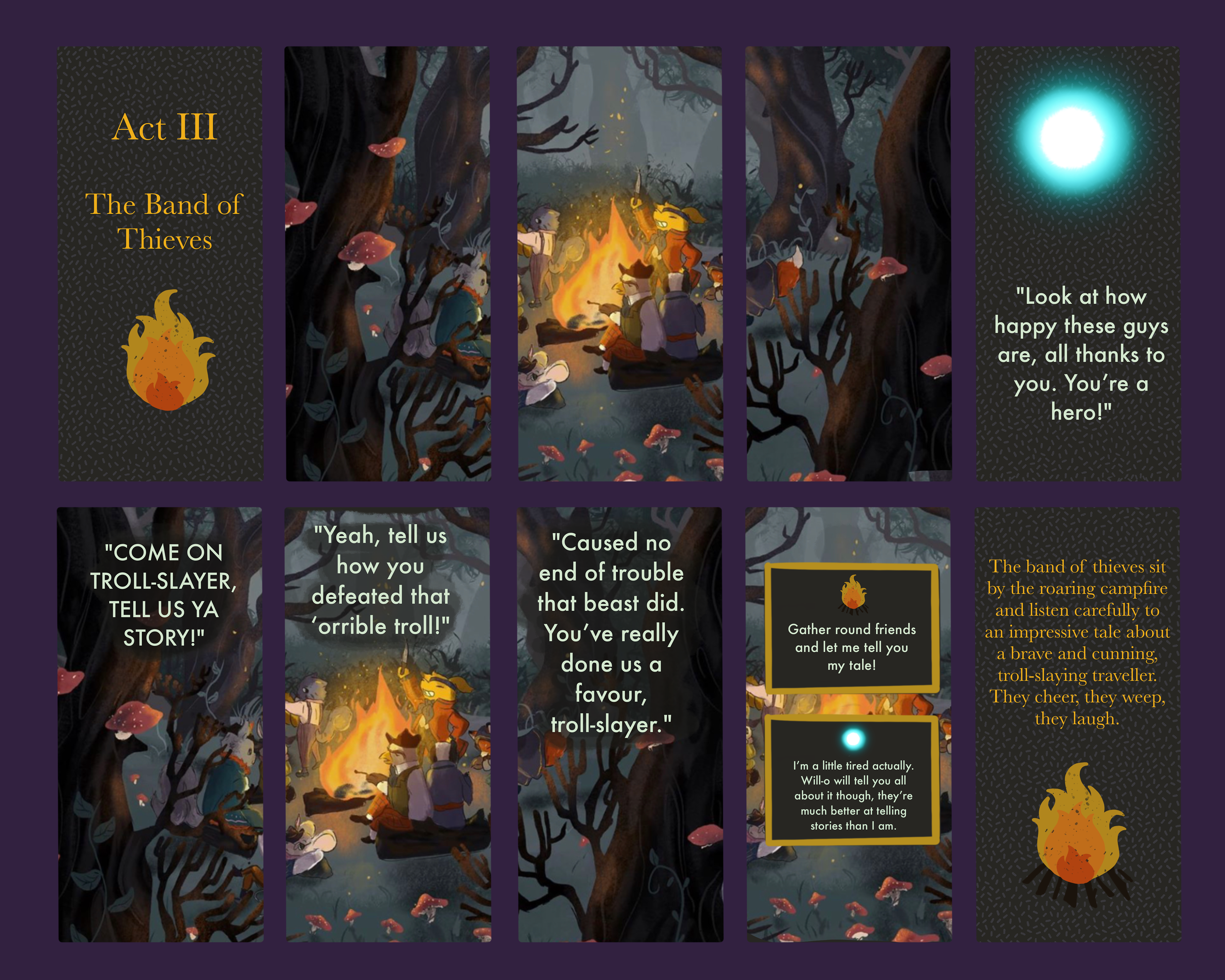 Storyboard design for Rekindle showing the individual pages.