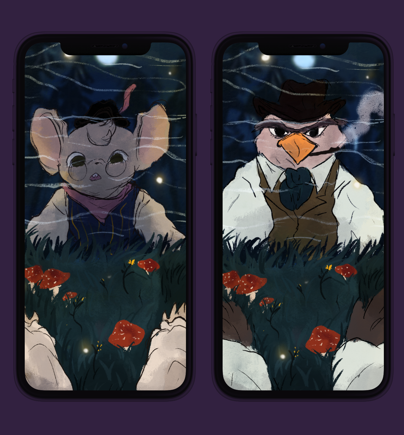 Two of the character illustrations for the character reveal screen. In Rekindle, the character you are depends on the choices the user makes during the first part of the game.