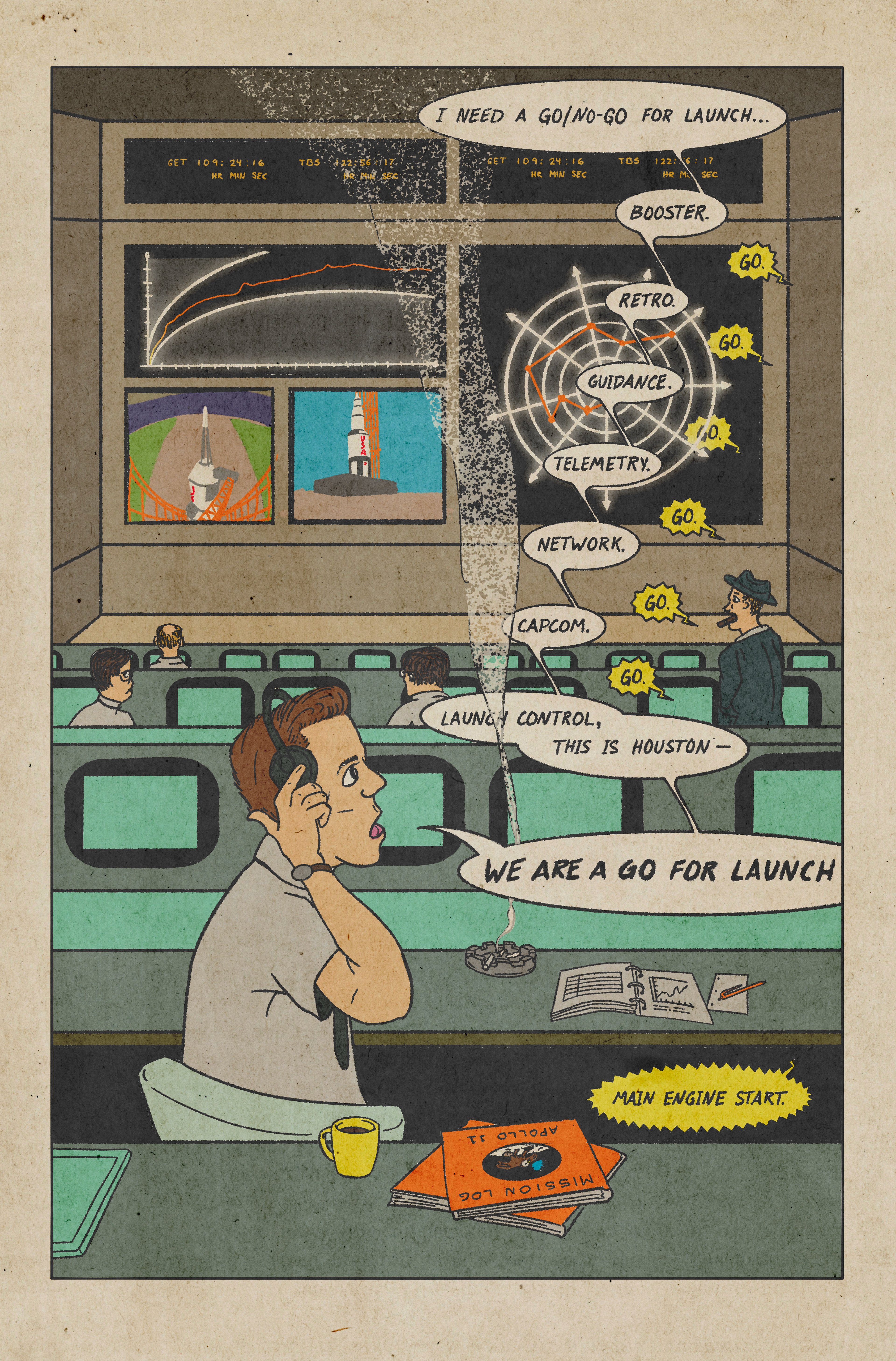 "GO/NO-GO", A one-off splash panel depicting the moment Apollo 11 launched, from Mission Control in Houston Texas in 1969. Digital Illustration, 2024