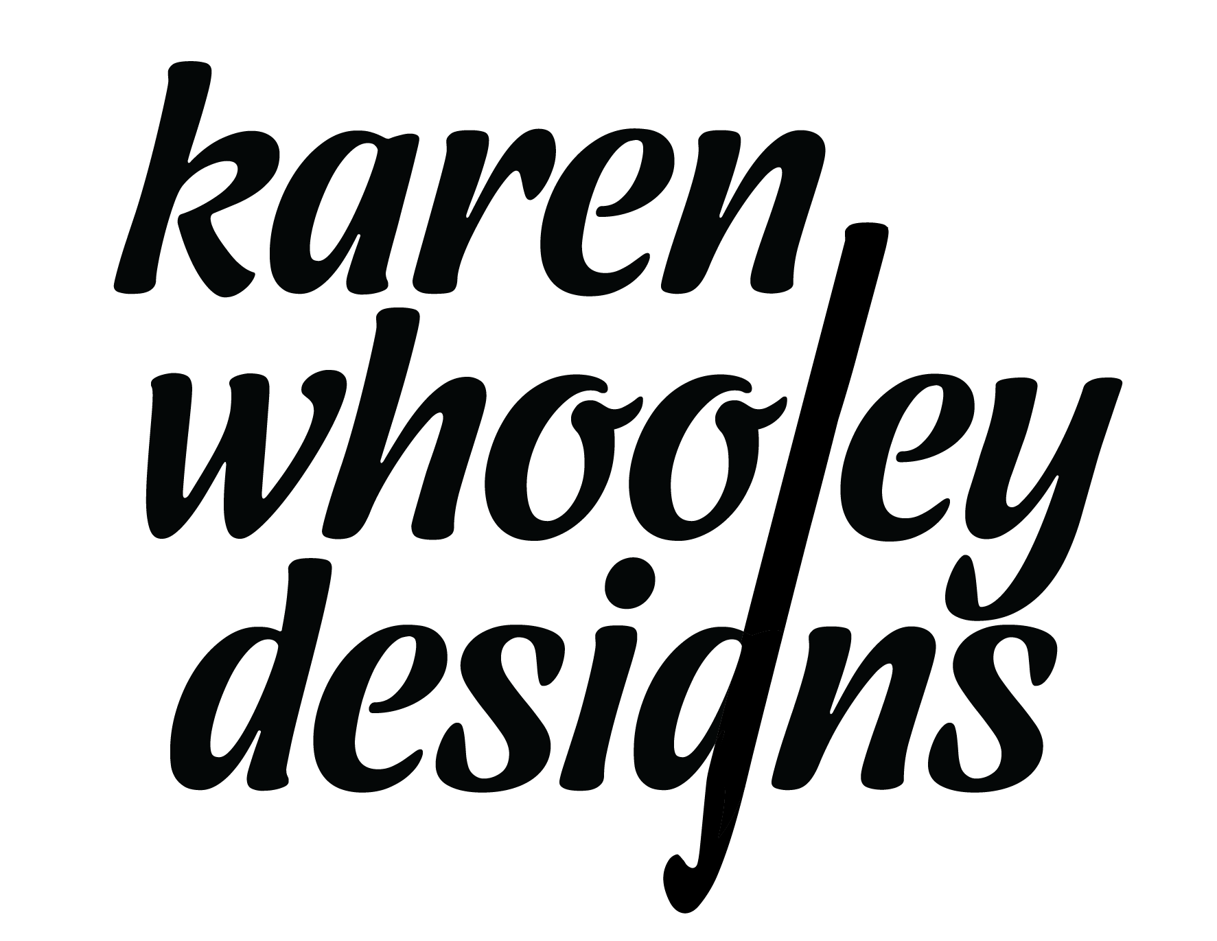 Karen Whooley Designs logo, square variant. The L in Whooley and the descender on the G in Designs are linked together into a crochet hook