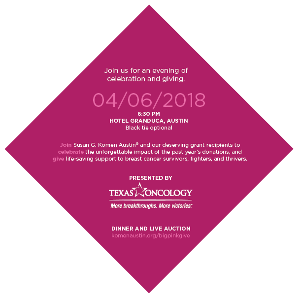 Flip side of diamond-shaped invite insert providing details about the April 6, 2018, event at Hotel Granduca in Austin.