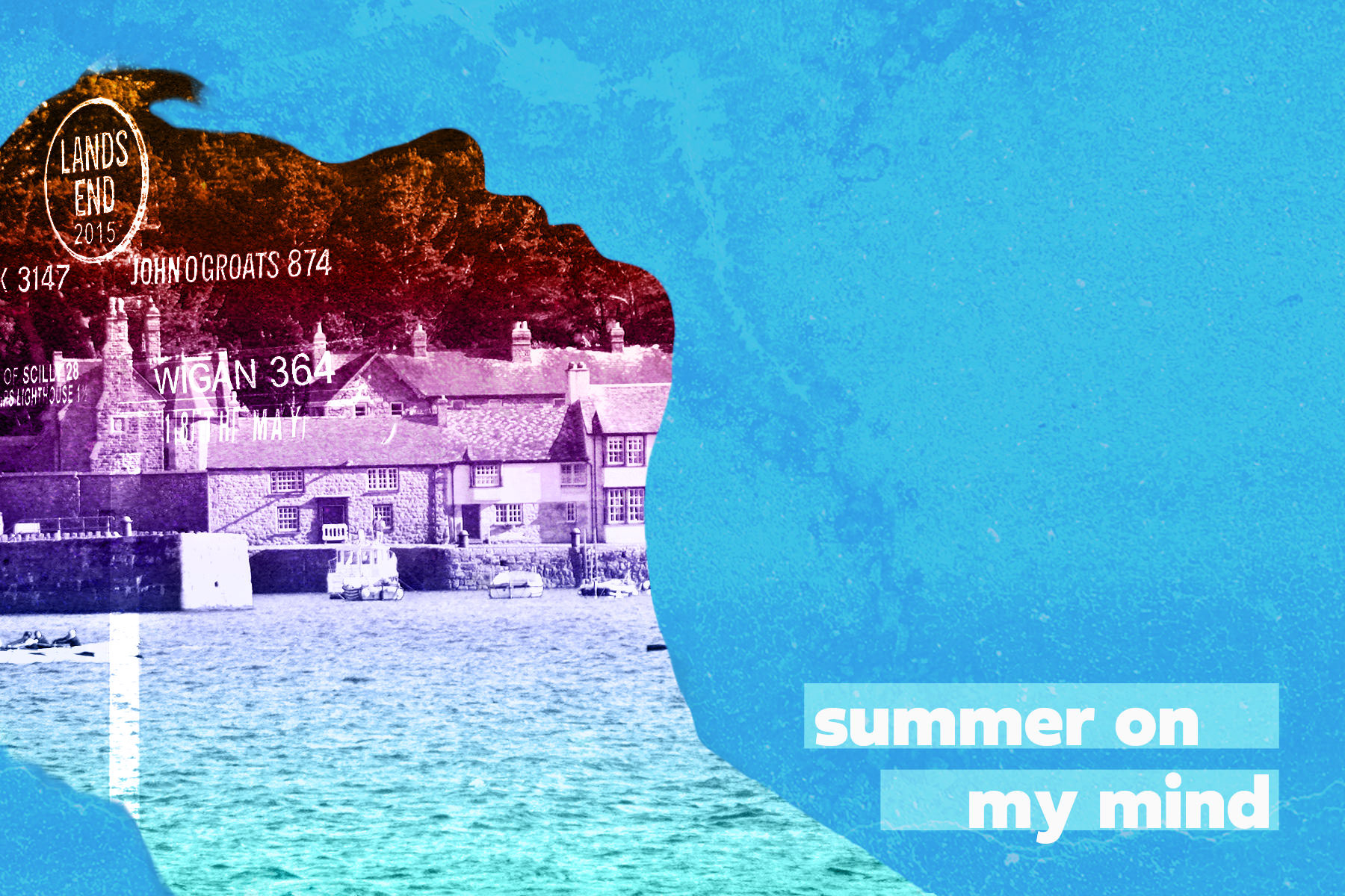 photo superimposed on my face silhouette, as a postcard with the text summer on my mind