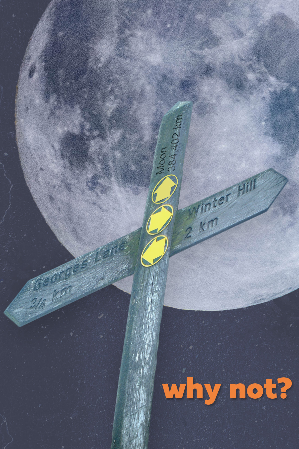 a signpost with 3 directions, one to the moon, which is large in the background