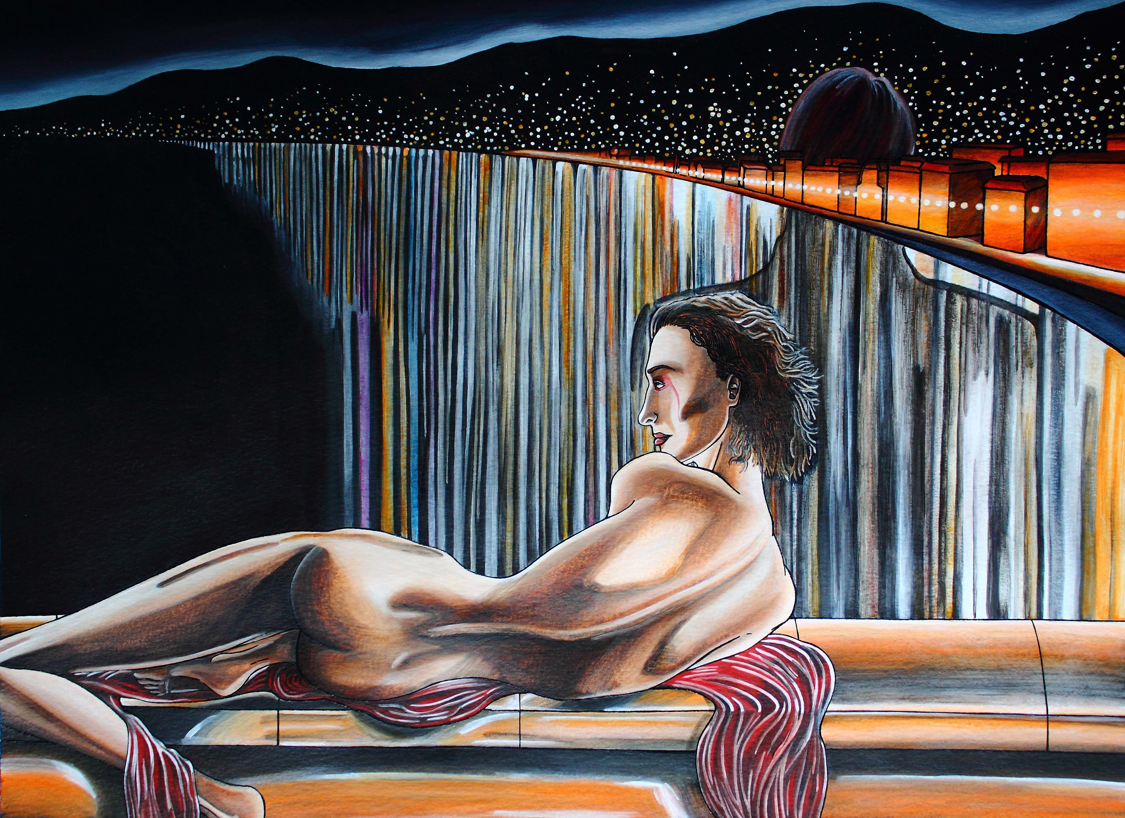 Portrait d'Isabelle Chasse face à la Promenade des Anglais, réalisé à la peinture acrylique