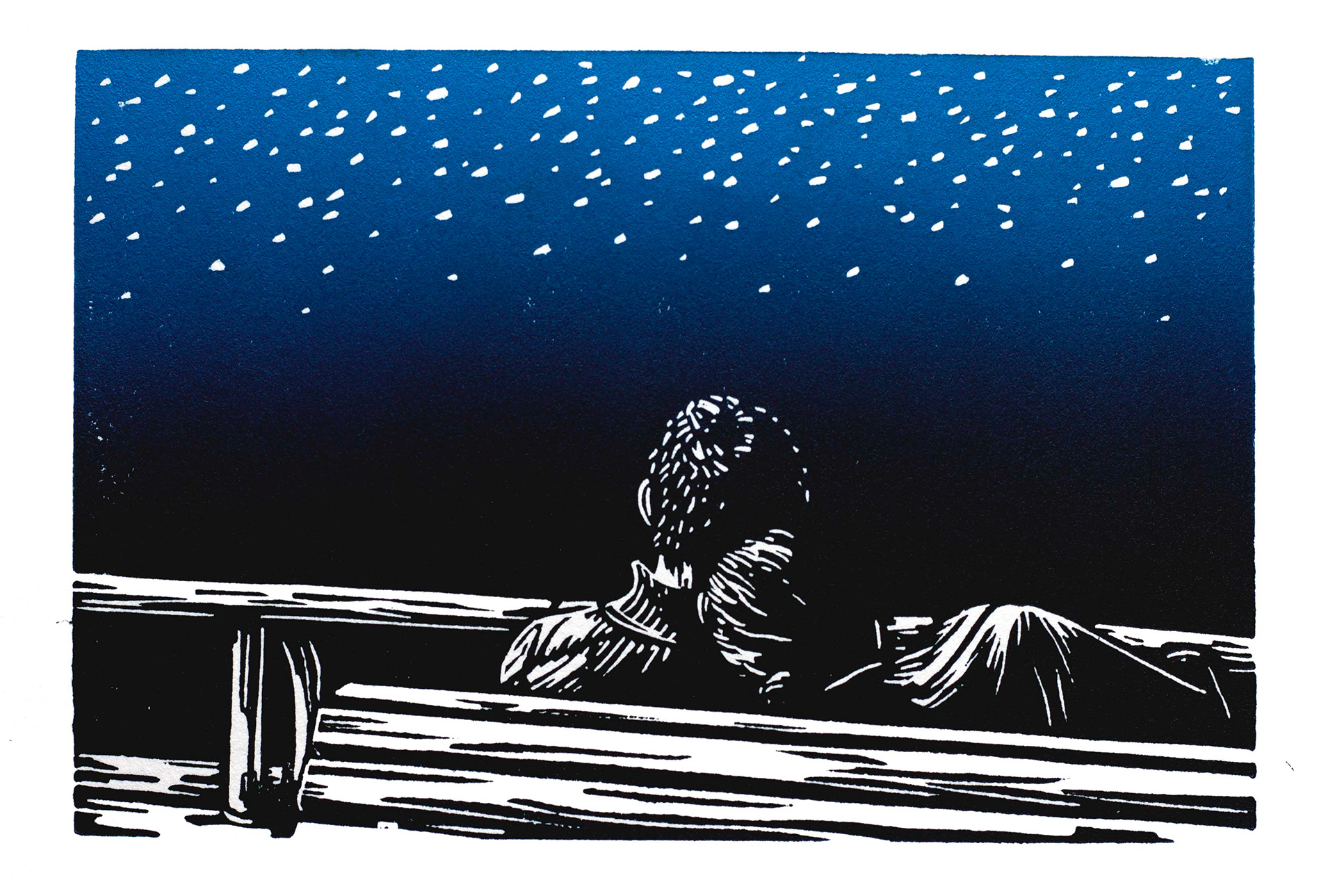 Couple sur un banc, face à la nuit étoilée (gravure)