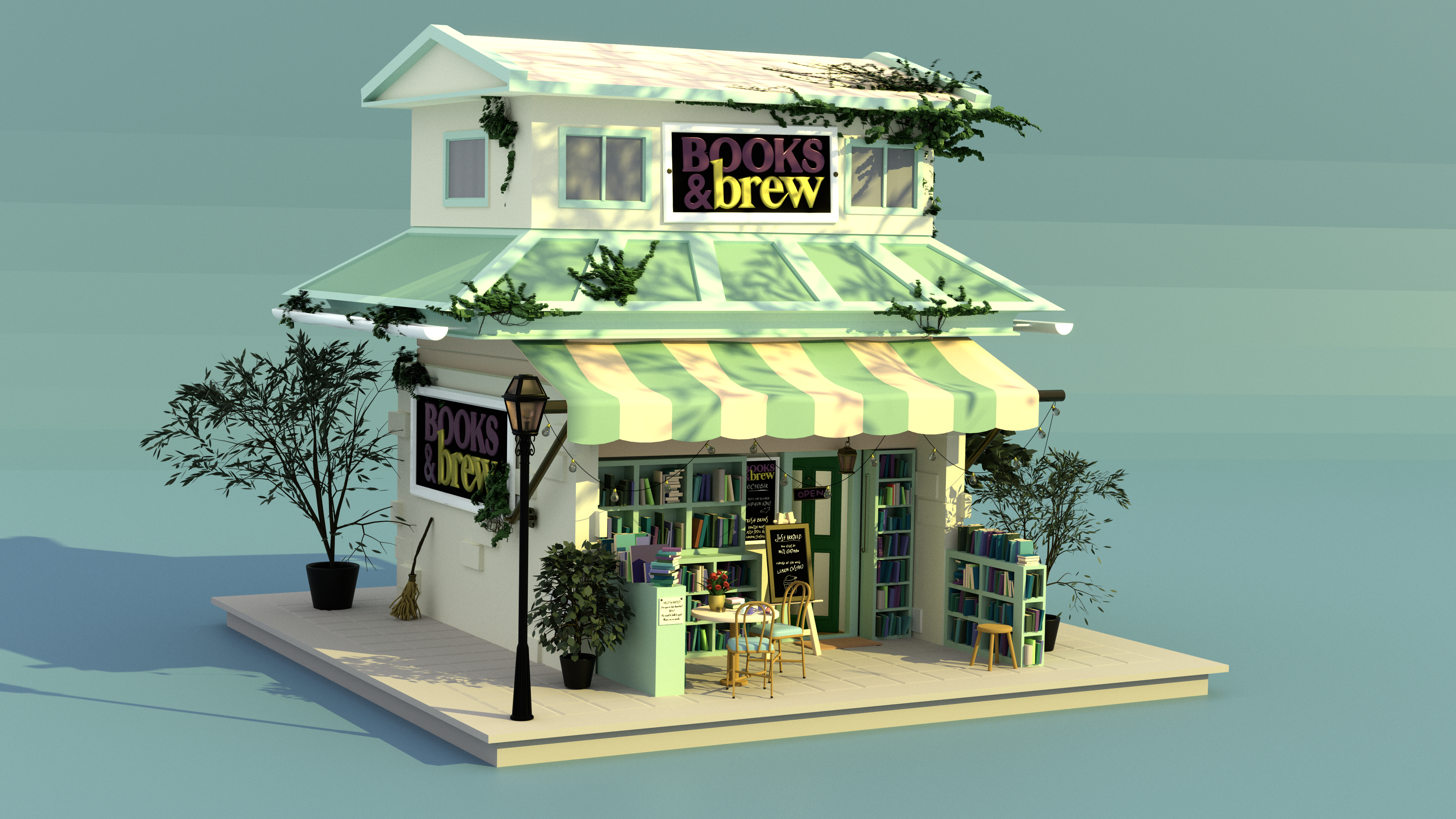 'Books & Brew' shopfront model day - Blender
