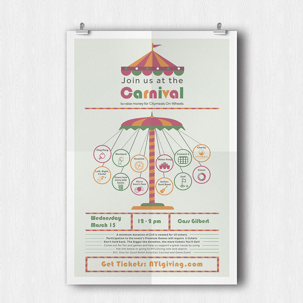 Internal charity event poster designed to drive interest and attendance for a carnival themed series of events. 