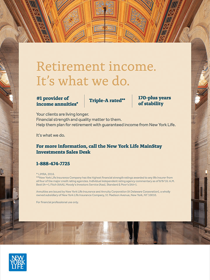 Full page ad for New York Life Annuities using photography from their building and color scheme to match.