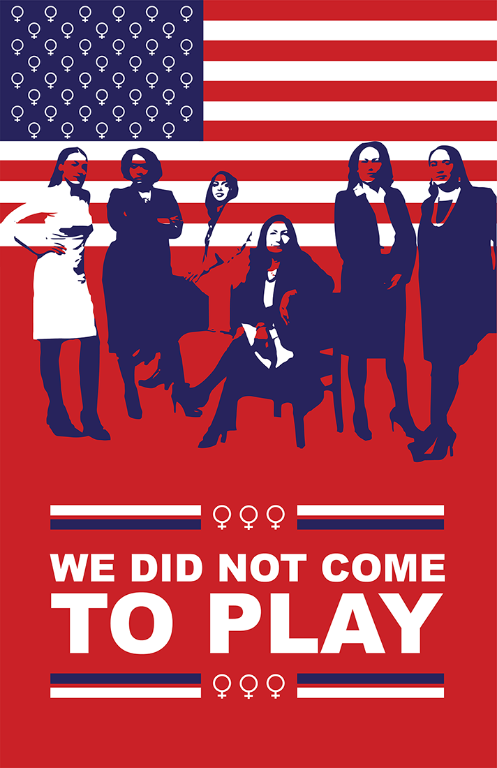 Red alternate- Women's March poster for the 2019 Women's March in New York City. The women depicted in the graphic was from the iconic Vanity Fair photograph of the diversity and wave of women coming into power in congress. Many were printed and handed out at the march in multiple sizes.