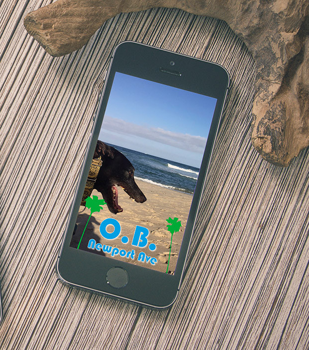 In context- Snapchat geofilter design created for the community filter which has been used over 5 million times since it's inception in 2016. This is an iconic area of Ocean Beach, San Diego with a palm lined street to the beach.