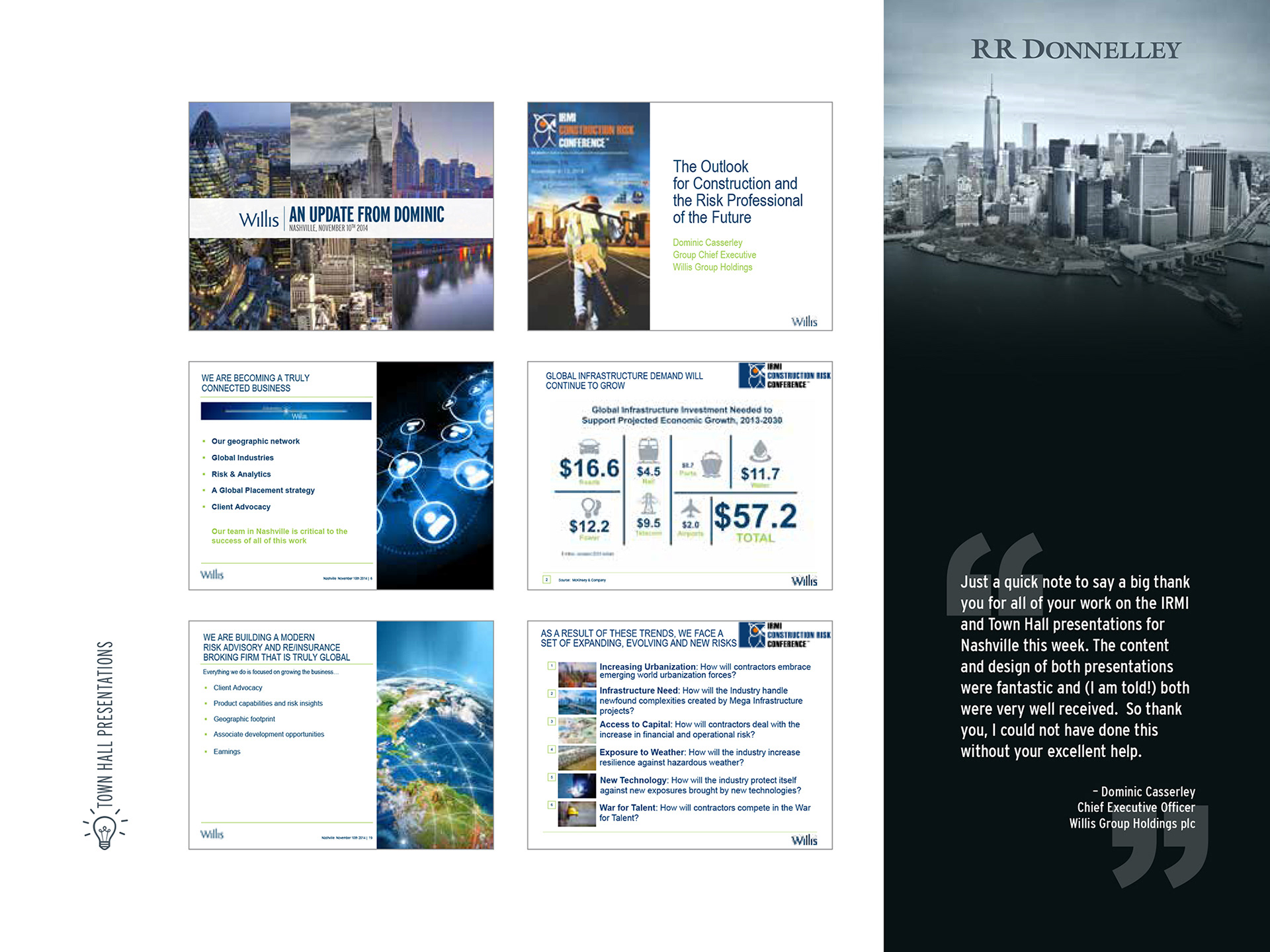 Sample of slides designed for Willis' former CEO, Dominic Casserley's keynote presentation at a global conference