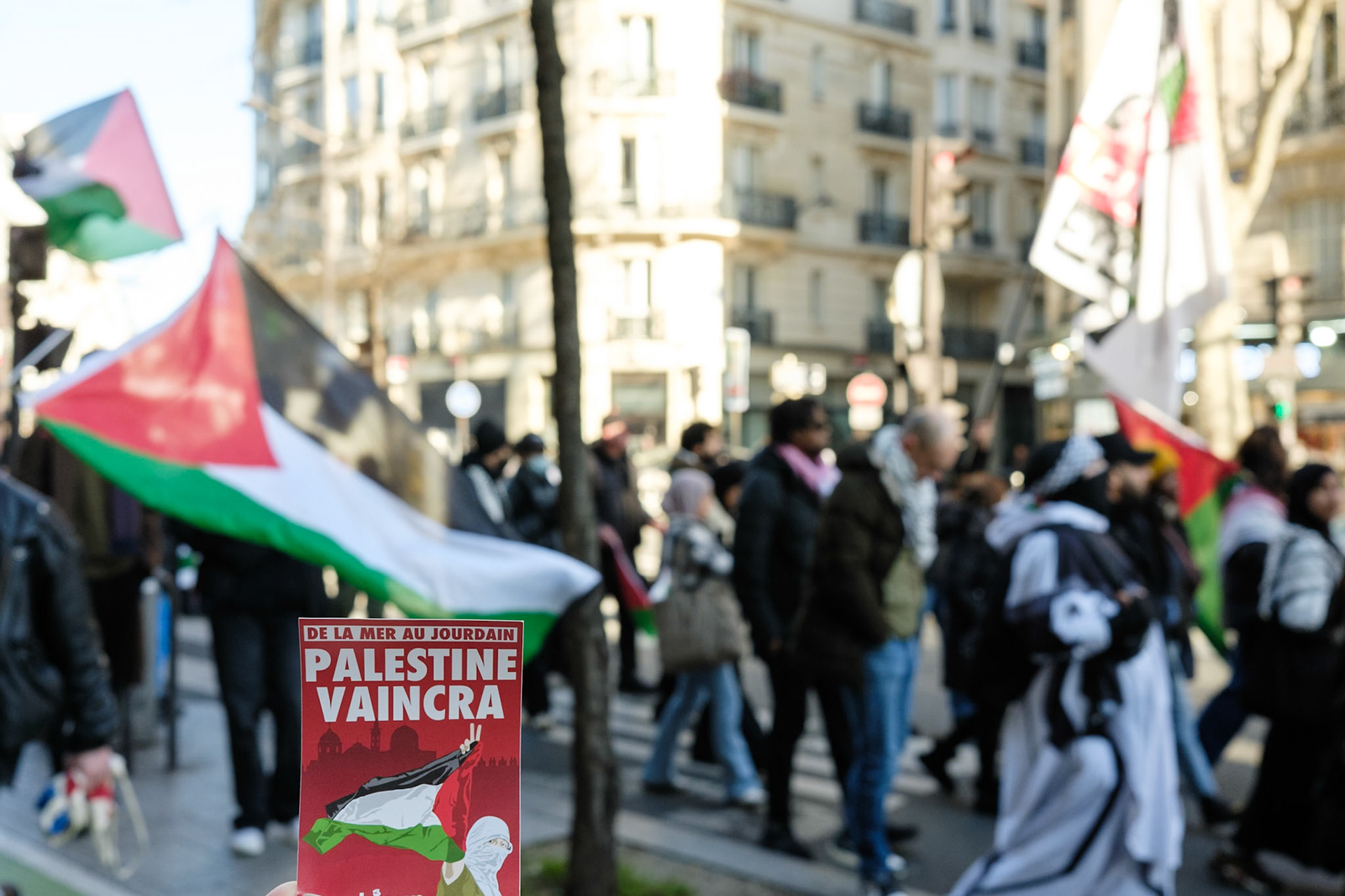 Crowd protesting in favor of the release of George Abdallah from French Prison, starting the protest outside of Marx Dormoy metro station in Paris, France, on February 1st, 2025. After  40 years in prison, the lebanese's release is still being postponed. Paris, February 1st, Maria Kalafatsi.